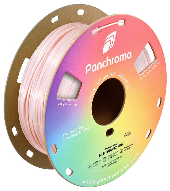 Bobine de filament d'impression 3D de la marque Panchroma, couleur 'Silk Quartz Pink', 1 kg de poids net, emballage aux couleurs de l'arc-en-ciel.