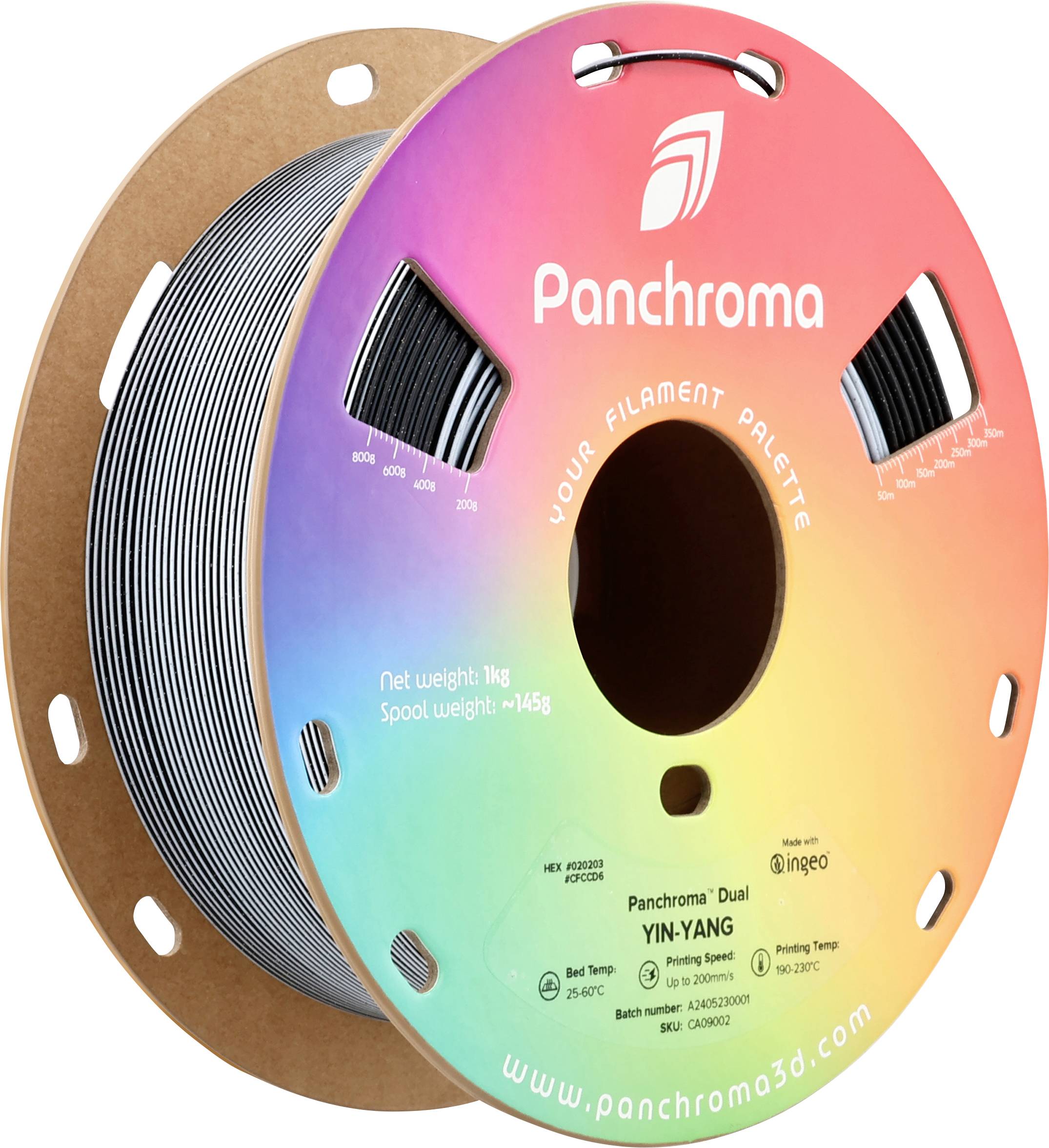 Bobine de filament Panchroma aux couleurs arc-en-ciel avec impression 'Yin-Yang', poids net 1 kg, compatible avec les imprimantes 3D, matériau PLA.