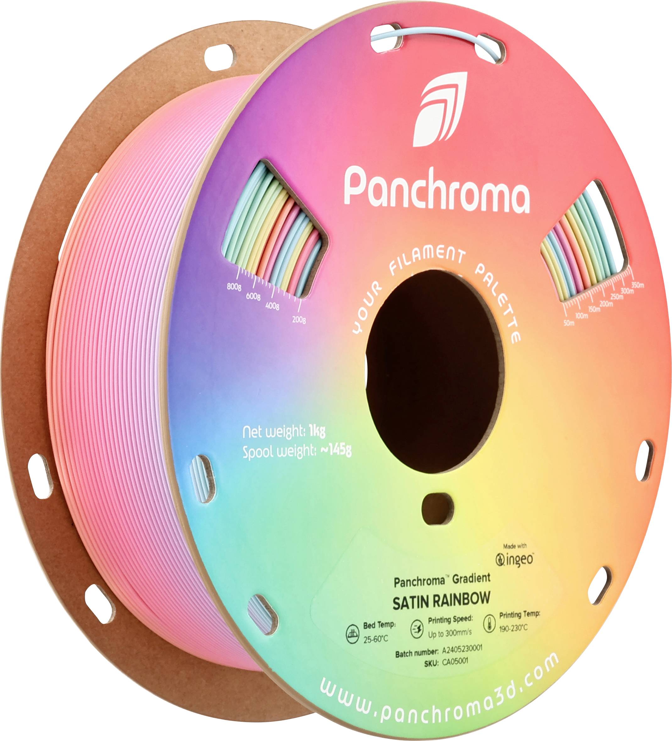 Bobine de filament d'imprimante 3D multicolore, marque 'Panchroma', poids total 1 kg, dégradé de couleur du rose au bleu.