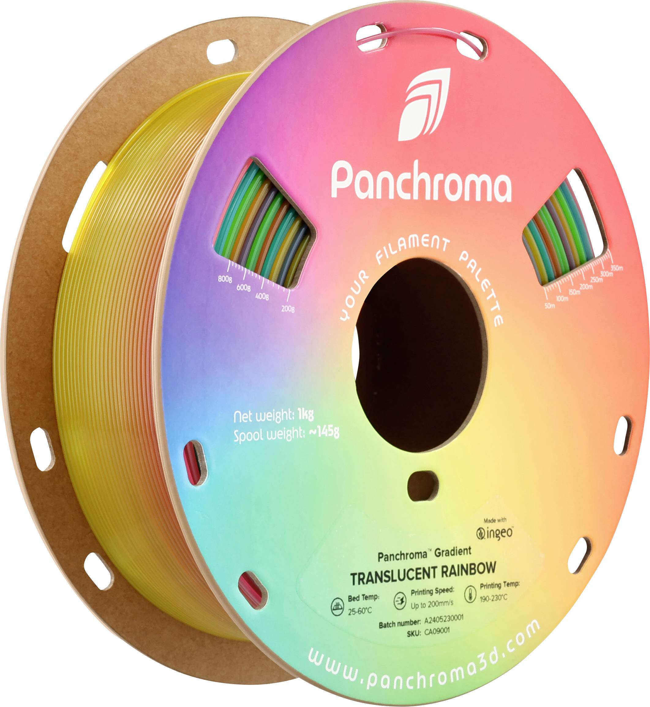 Filament pour imprimante 3D, couleurs arc-en-ciel, marque 'Panchroma', poids 1 kg, translucide, sur bobine, étiquetages indiquant le poids et le site web.