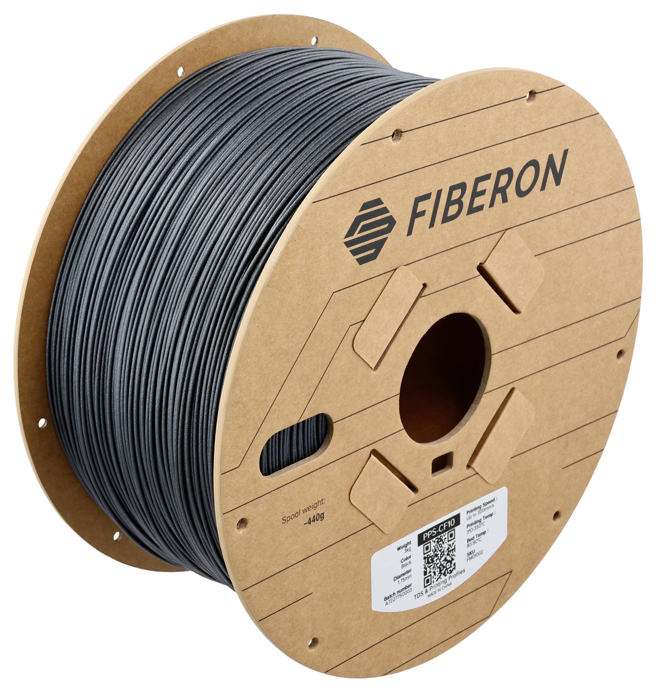 Bobine avec fil plastique gris de 'Fiberon', adaptée pour imprimantes 3D ou applications similaires. Code QR visible sur la bobine.