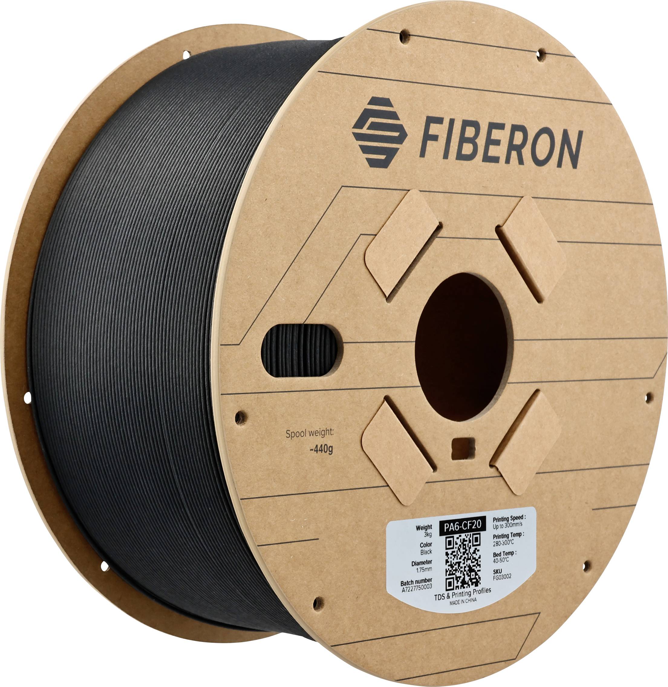Bobine de filament noir de 'Fiberon' avec impression. Poids : 440g. L'étiquette sur la bobine indique un code QR et les spécifications du matériau.