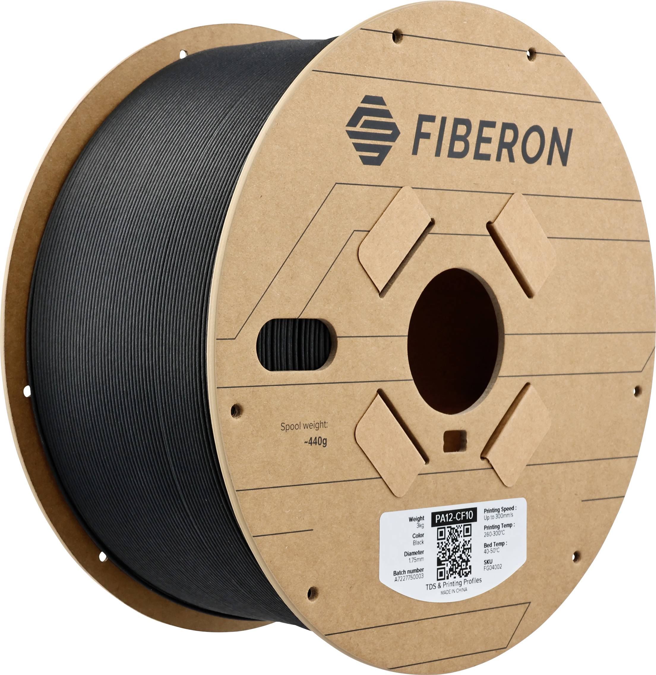 Une bobine de filament noir de la marque 'Fiberon', adaptée à l'impression 3D. Poids : 440g. Contient un code-barres de scan pour les informations produit.
