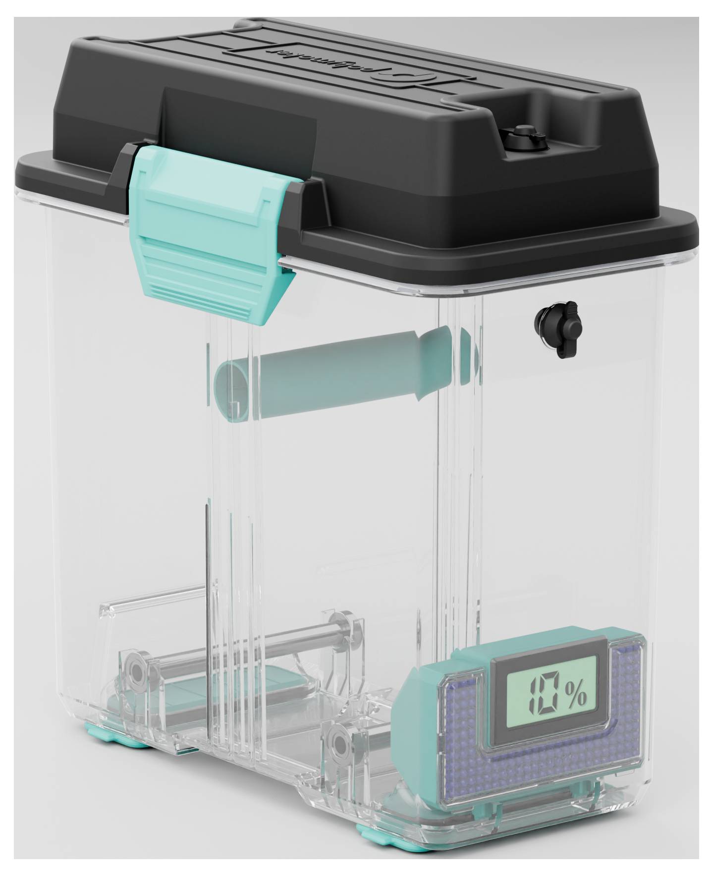 Récipient en plastique avec fermeture turquoise et hygromètre numérique sur la face inférieure indiquant « 10 % ».