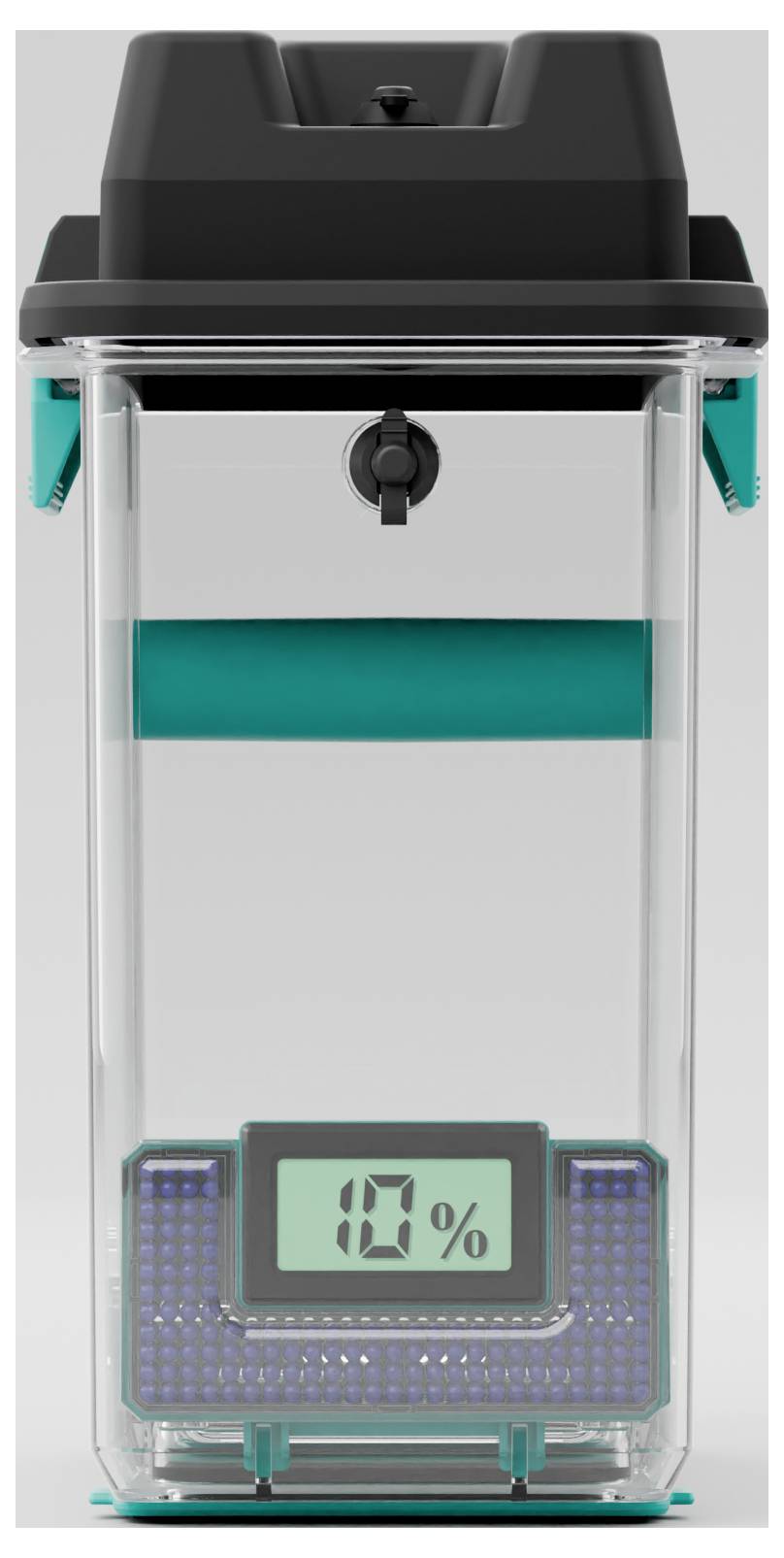 Récipient transparent avec affichage numérique de '10%'. Il a un couvercle noir et des éléments verts.
