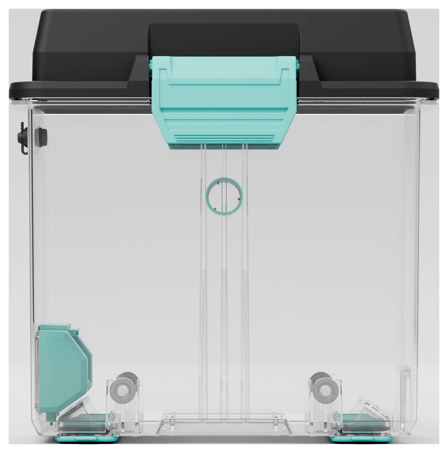 Une boîte en plastique transparente avec un couvercle turquoise et des fermetures, adaptée au rangement et au transport de petits objets.