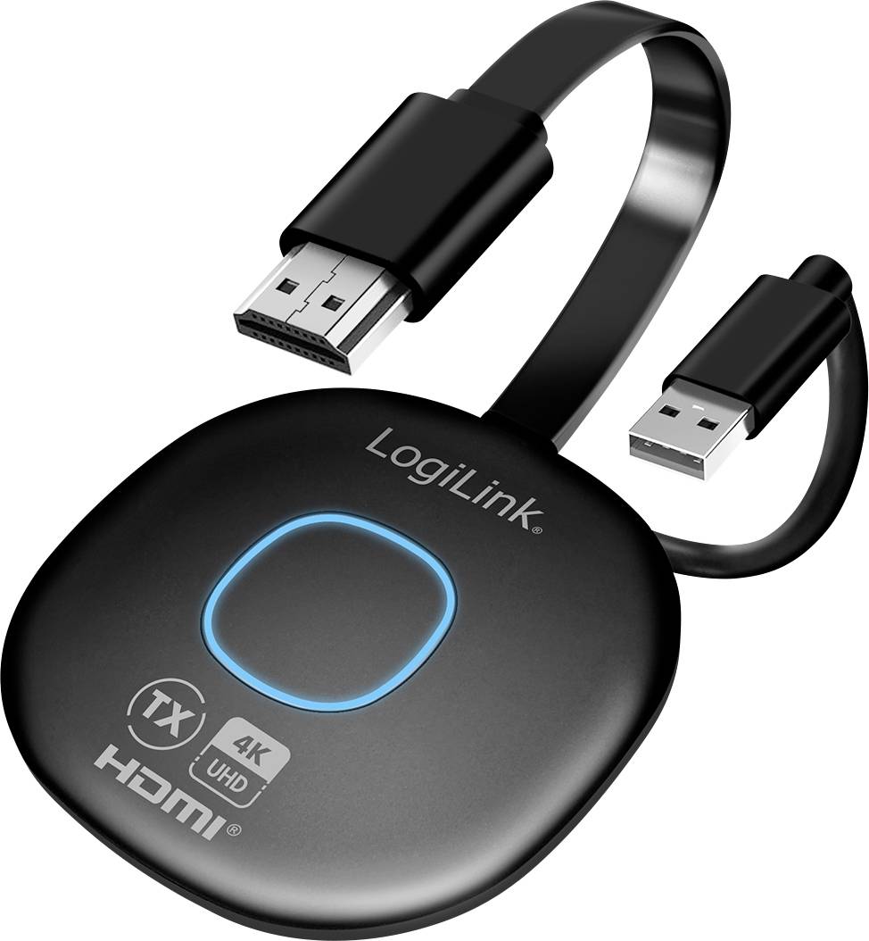 Un émetteur HDMI sans fil de LogiLink avec câble USB, prend en charge la résolution 4K-UHD. Design compact pour une connexion facile.