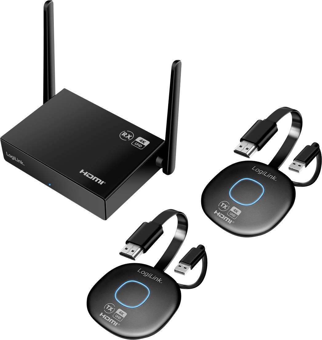 Système de transmission HDMI sans fil avec un émetteur et deux récepteurs, adapté pour la transmission de signaux vidéo HD.