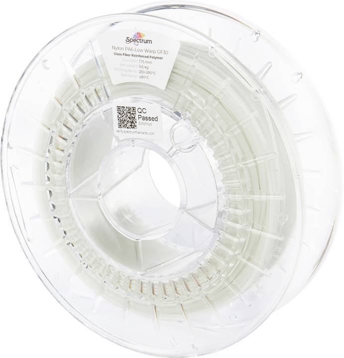 Bobine de filament pour imprimante 3D, Nylon PA6 Low Warp GF30, transparent, 1,75 mm, avec étiquette produit et code QR.