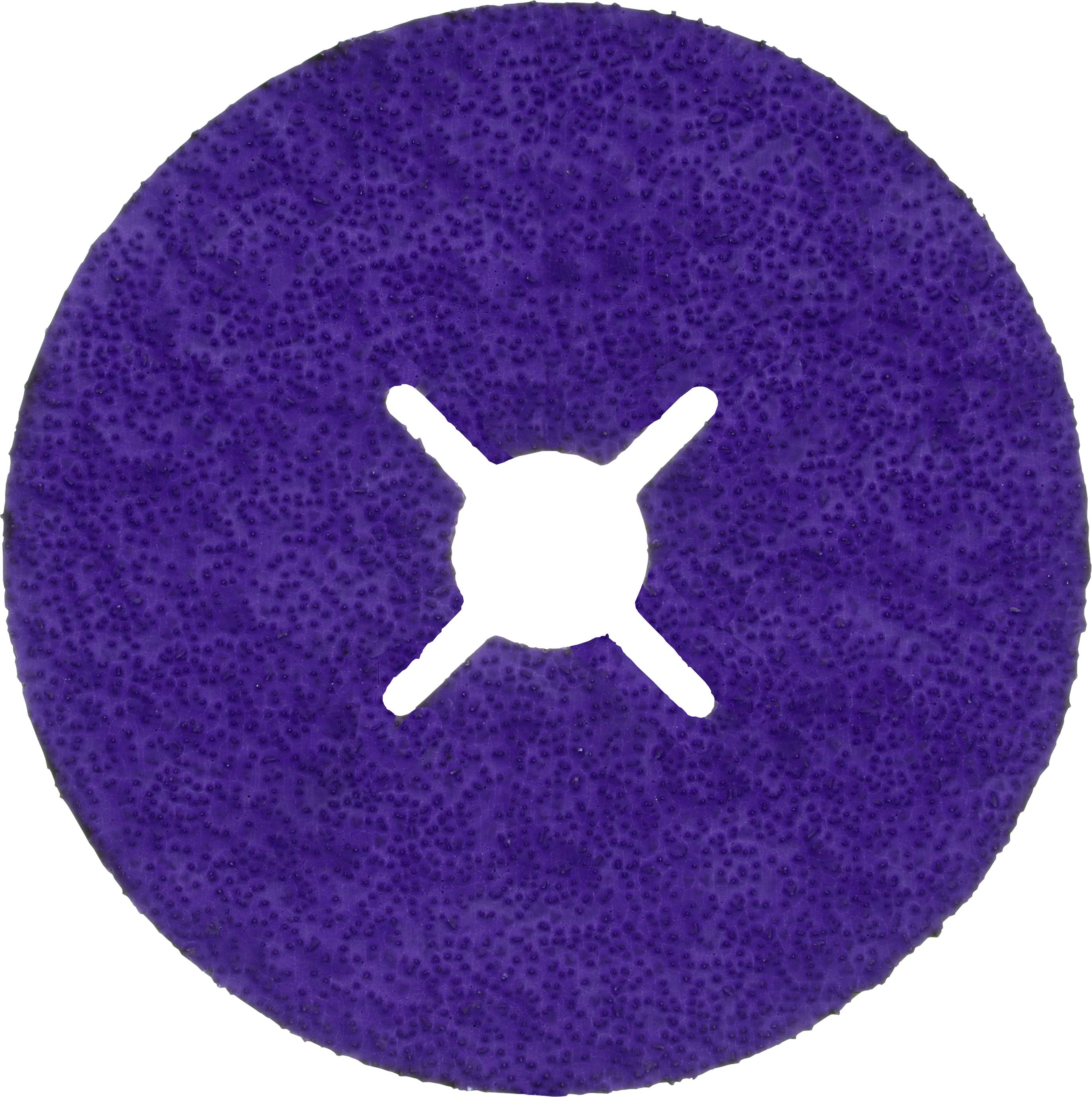 Un disque rond de couleur violette, avec un trou cruciforme en son centre, probablement un accessoire de meulage ou de polissage.