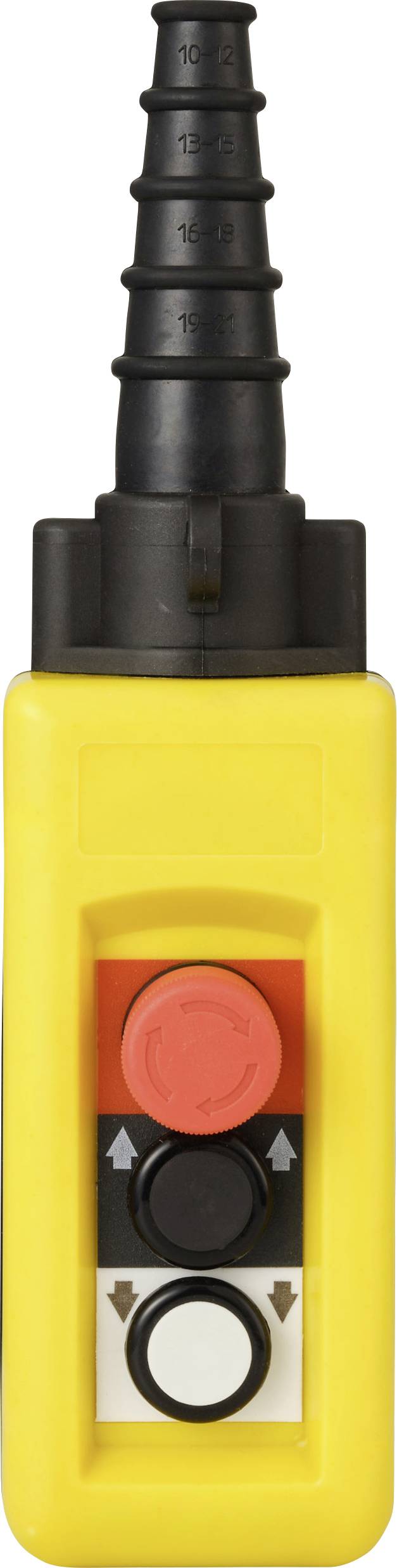 Un gros plan d'un boîtier de commande filaire jaune avec des boutons noirs, rouges et blancs disposés verticalement.