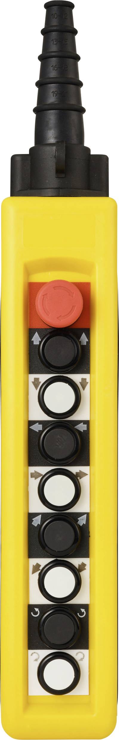 Un panneau de commande industriel jaune avec plusieurs boutons circulaires, comprenant un bouton d'arrêt d'urgence en haut.
