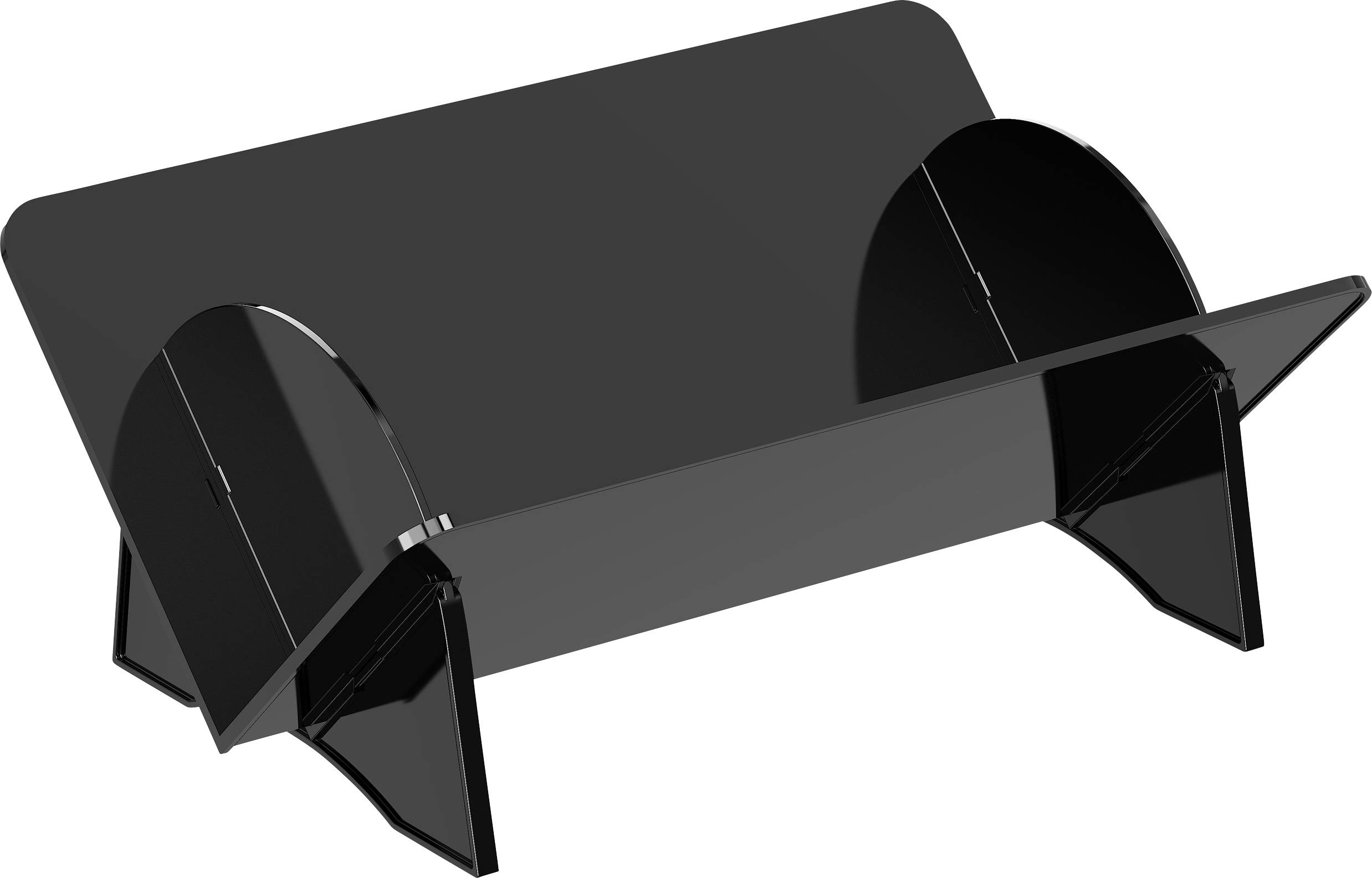 Un support pour ordinateur portable élégant, en acrylique noir, au design minimaliste, doté de deux supports latéraux et d'une base légèrement inclinée pour un usage ergonomique.