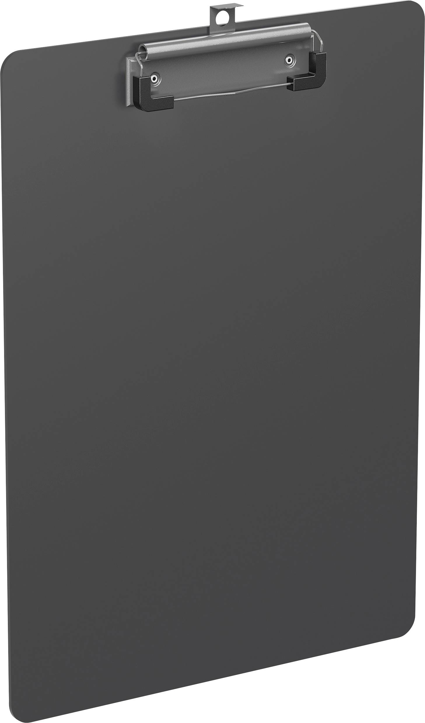 Un porte-bloc noir uni avec un clip métallique au centre en haut, utilisé pour maintenir des feuilles, ne contenant aucun papier ni inscription.