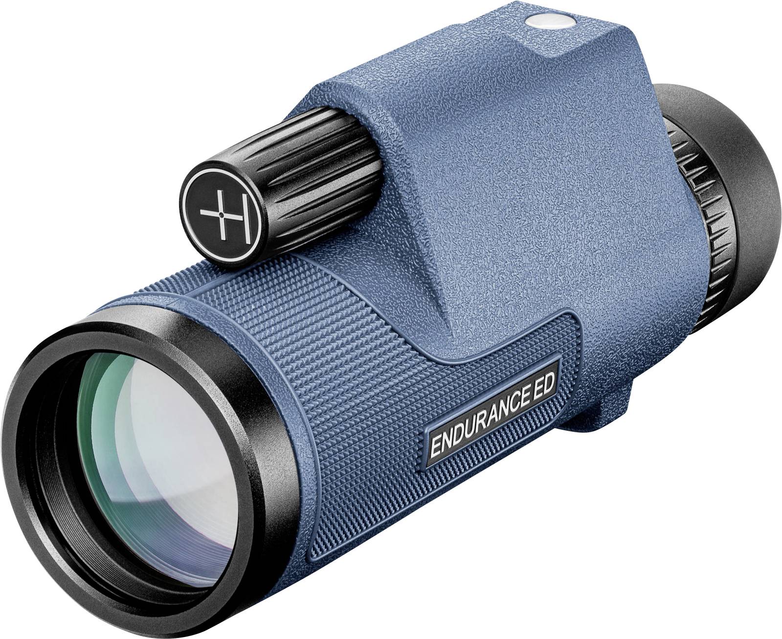 Monoculaire bleu avec oculaire noir et roue de mise au point, portant l'inscription de modèle 'Endurance ED'. Idéal pour les activités de plein air.