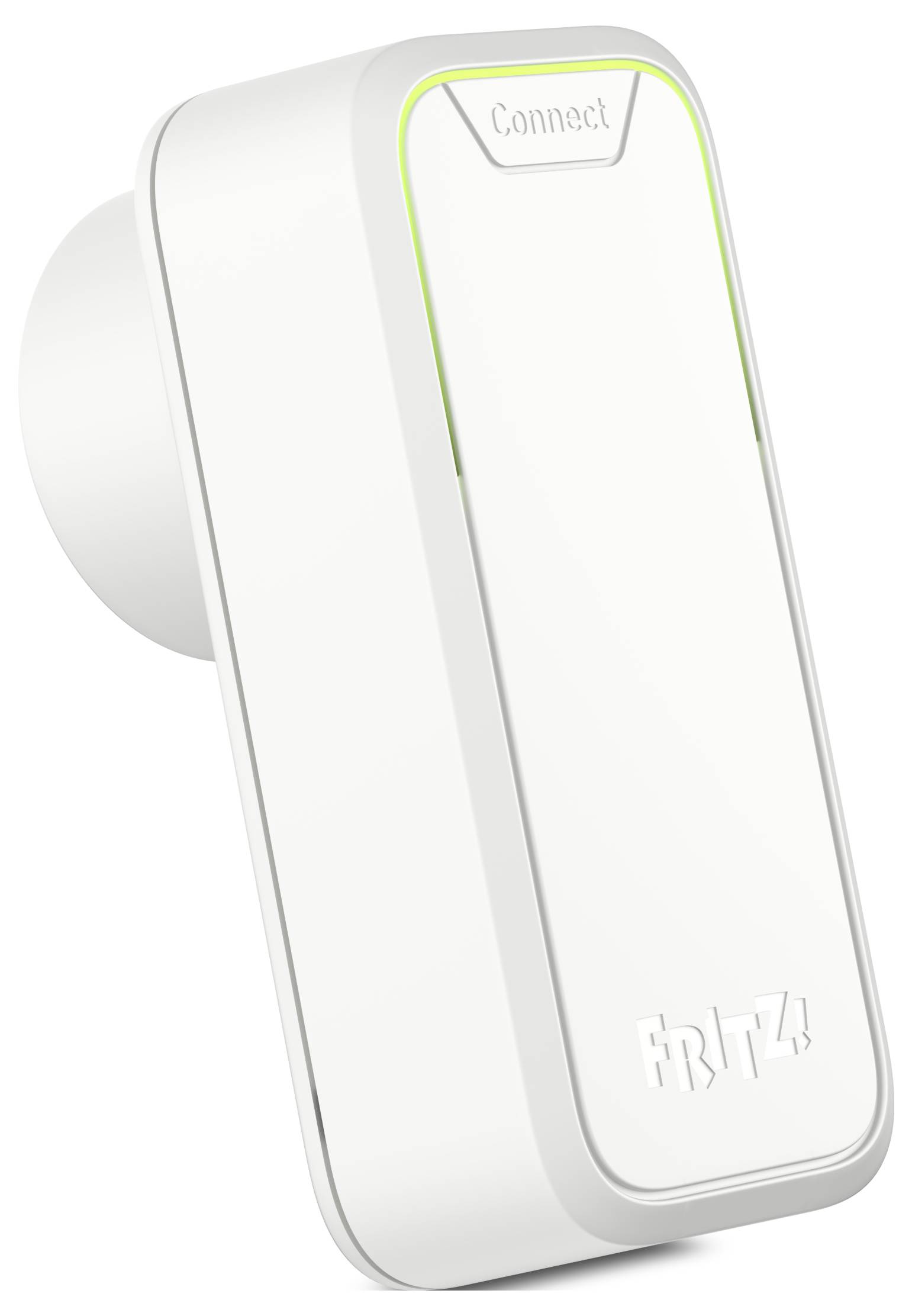 Un répéteur Wi-Fi blanc portant l'inscription 'Fritz!'. Un bouton 'Connect' se trouve en haut de l'appareil.