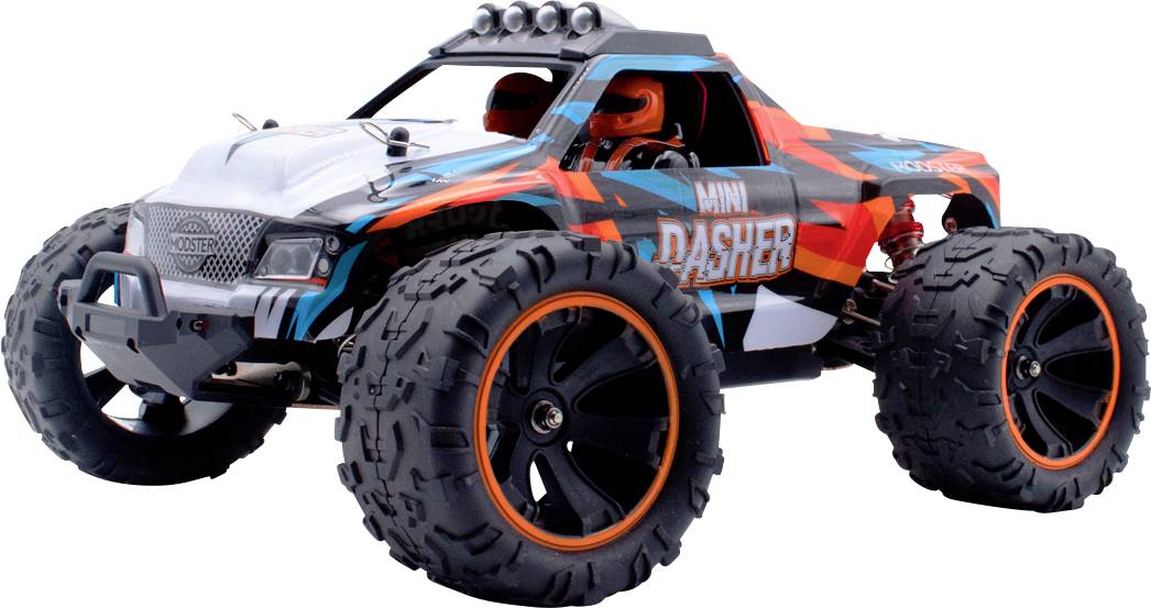 Une voiture télécommandée avec de grandes roues tout-terrain, une carrosserie colorée et l'inscription 'Mini Dasher' sur le côté.