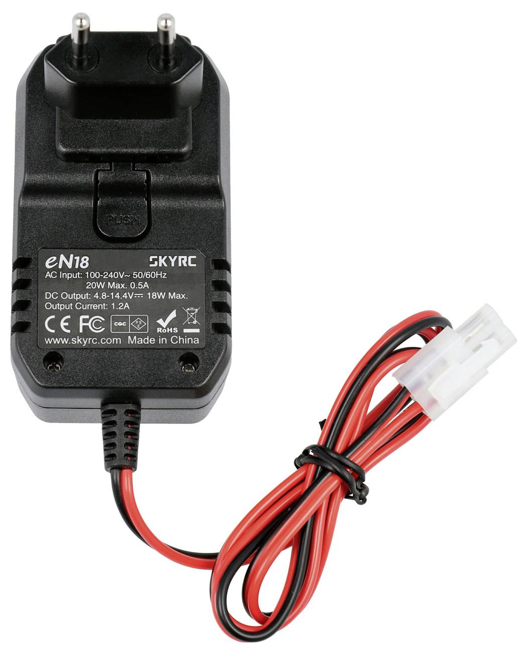 Un chargeur noir avec un câble rouge et noir. L'inscription indique les spécifications techniques : Entrée 100-240V, Sortie 48-11,4V.