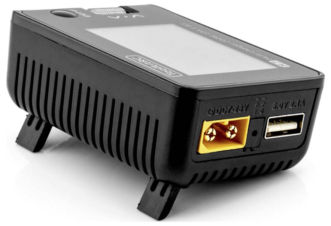 Chargeur noir avec deux ports (jaune et USB) et un écran sur le dessus. Posé sur une surface blanche.