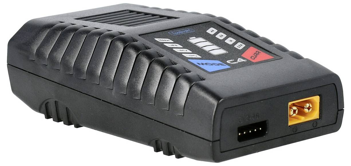 Chargeur RC noir avec fentes de ventilation, deux ports de connexion et un panneau de commande avec des touches pour les réglages et la sélection.