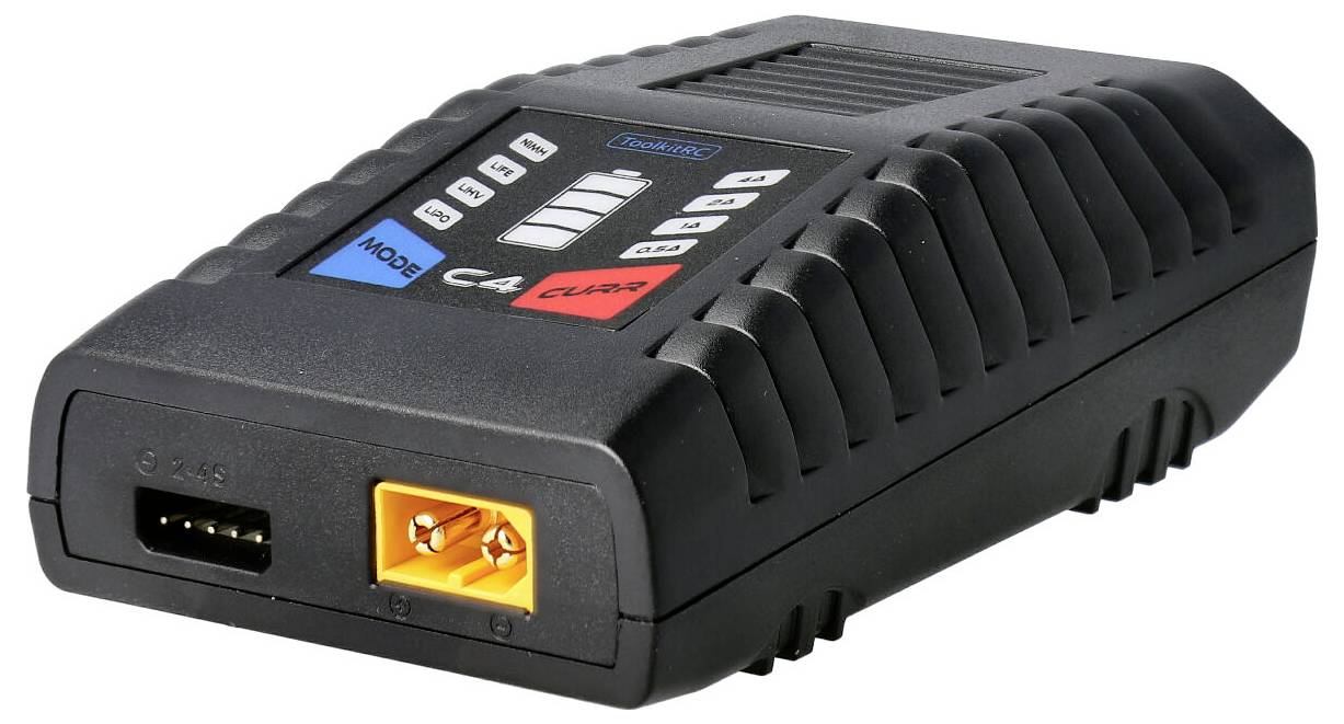 Un chargeur noir avec plusieurs boutons et ports, dont une entrée jaune XT60. Il est conçu pour charger des batteries.