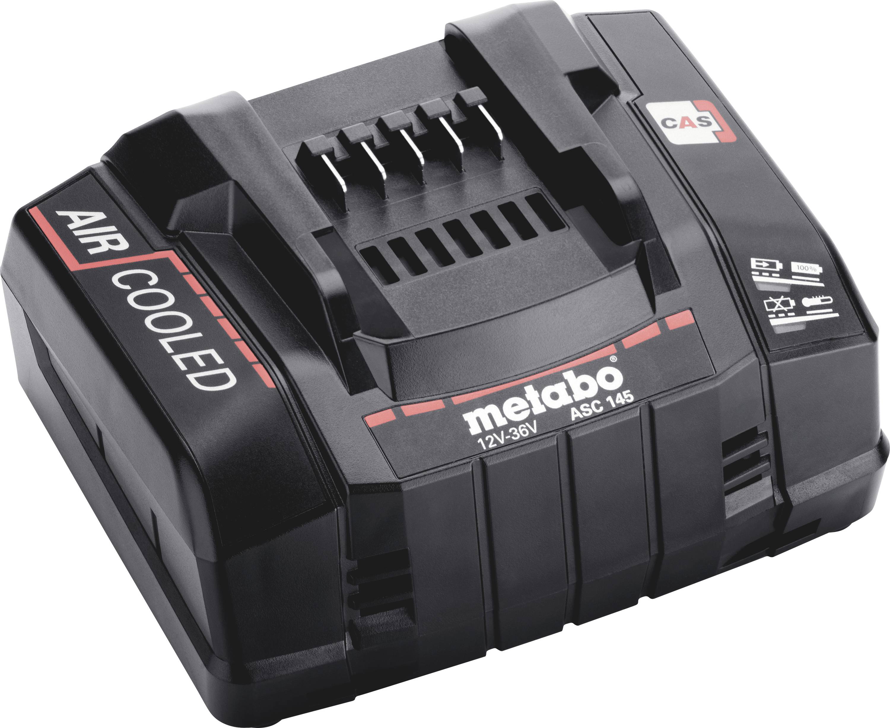 Un chargeur de batterie noir de la marque Metabo portant l'inscription 'AIR COOLED' et '12V-36V'.