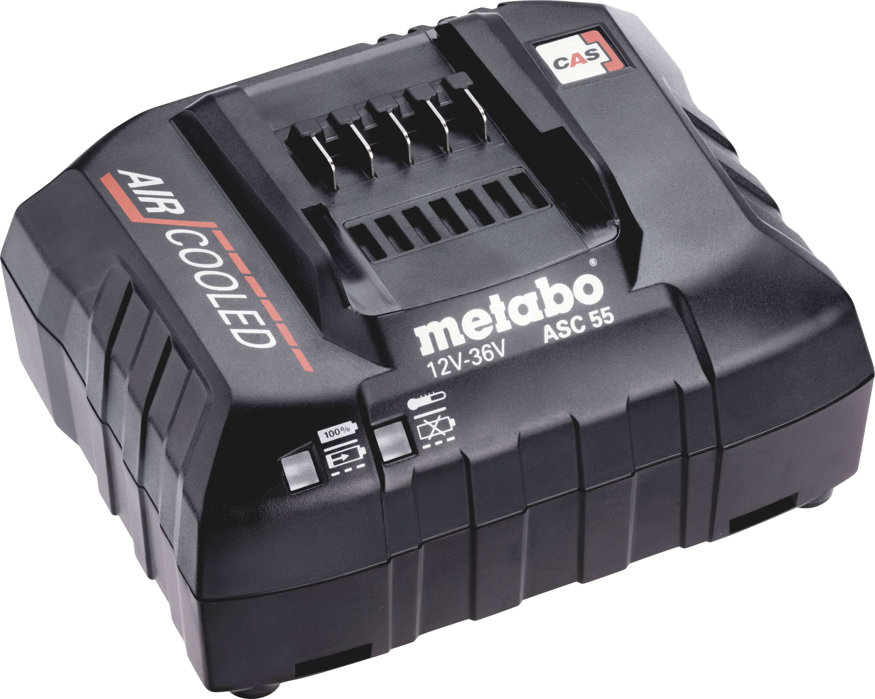 Chargeur Metabo noir avec l'inscription 'AIR COOLED', compatible avec des batteries 12V-36V, numéro de modèle ASC 55.