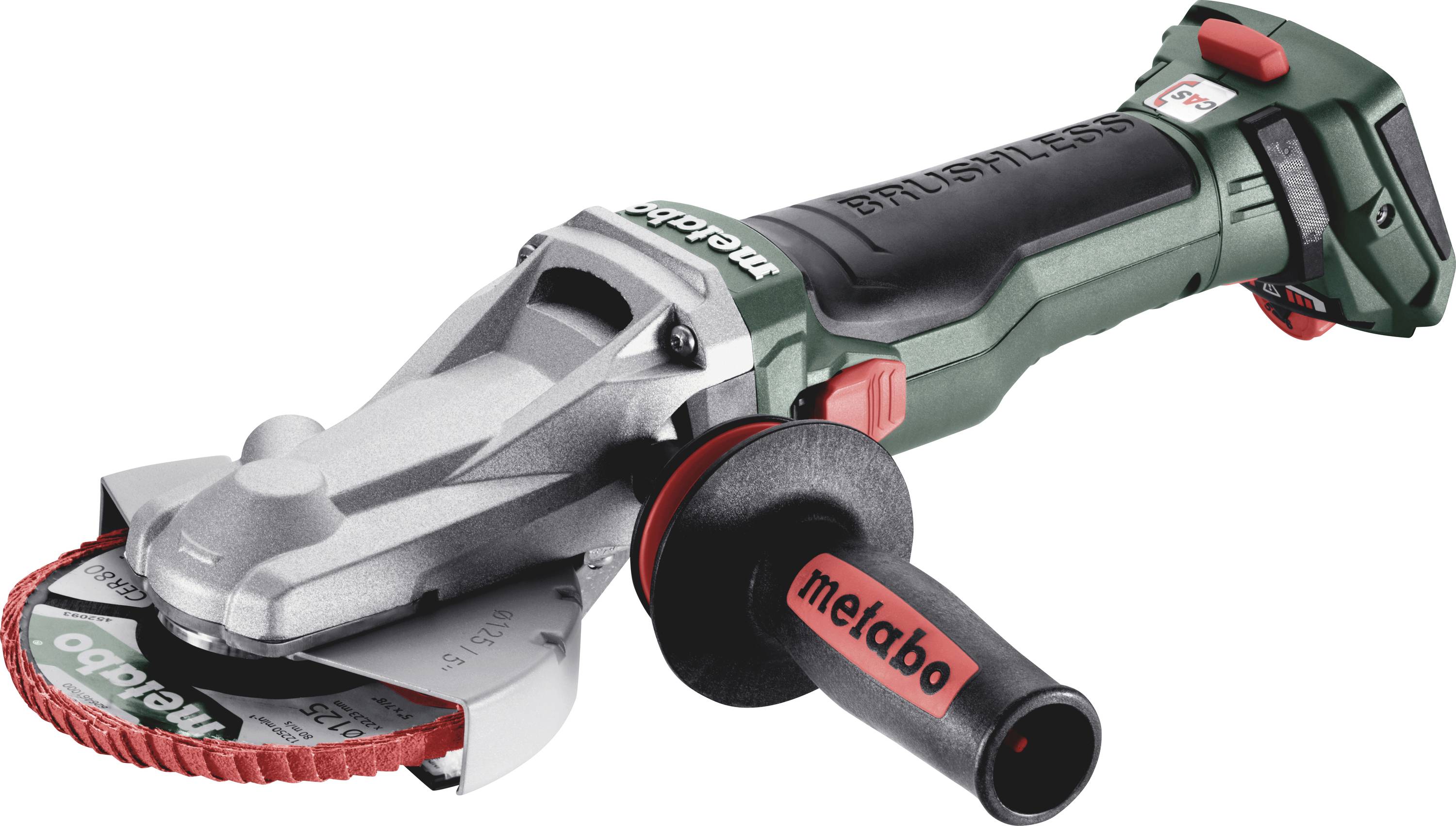 Meuleuse d'angle sans fil avec logo Metabo, noir et vert, munie d'une poignée ergonomique et d'un disque de meulage rouge, destinée aux travaux artisanaux.