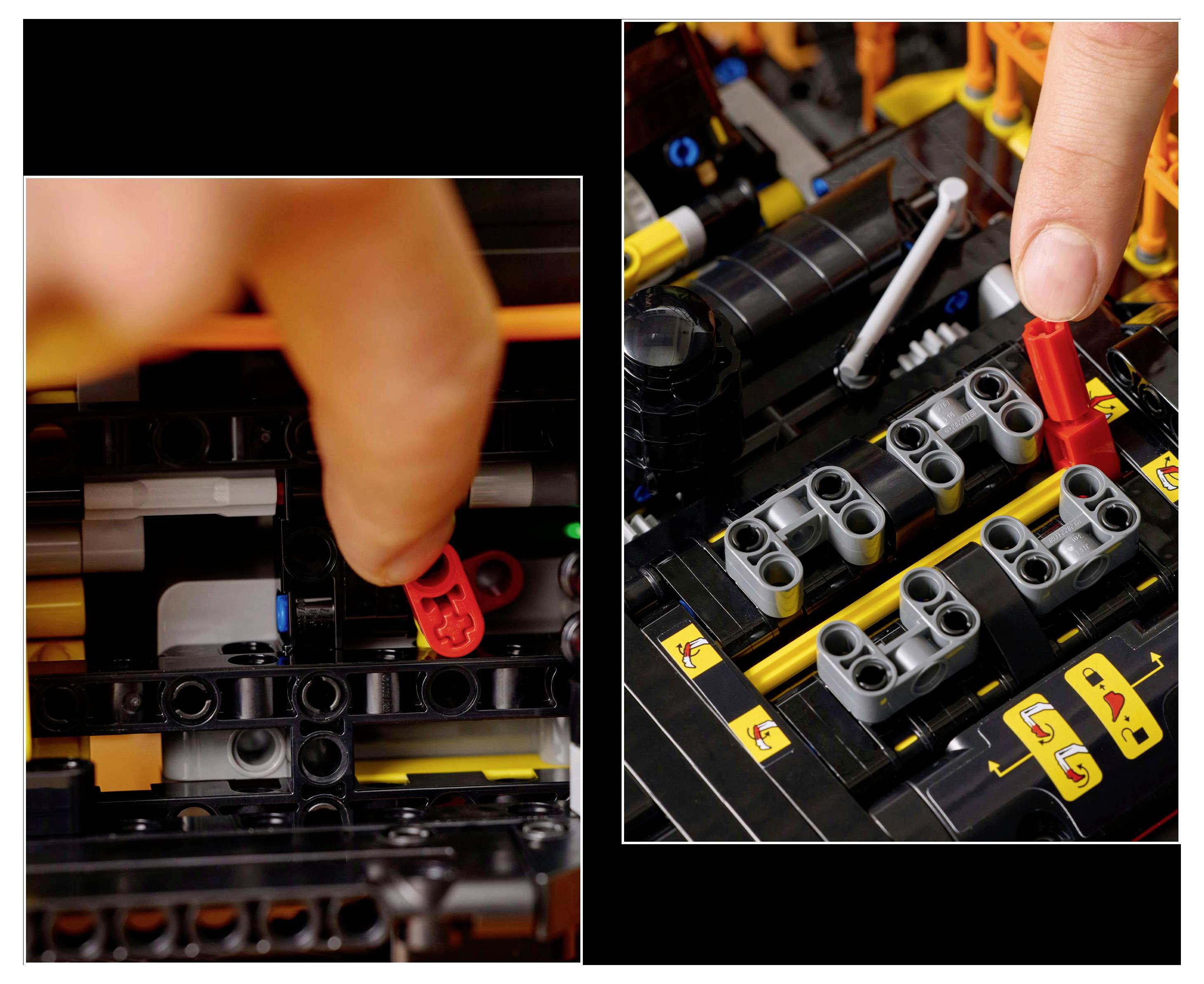 Une main assemblant des pièces LEGO Technic, en se concentrant sur l'insertion de connecteurs rouges dans des structures noires, démontrant le processus de construction.