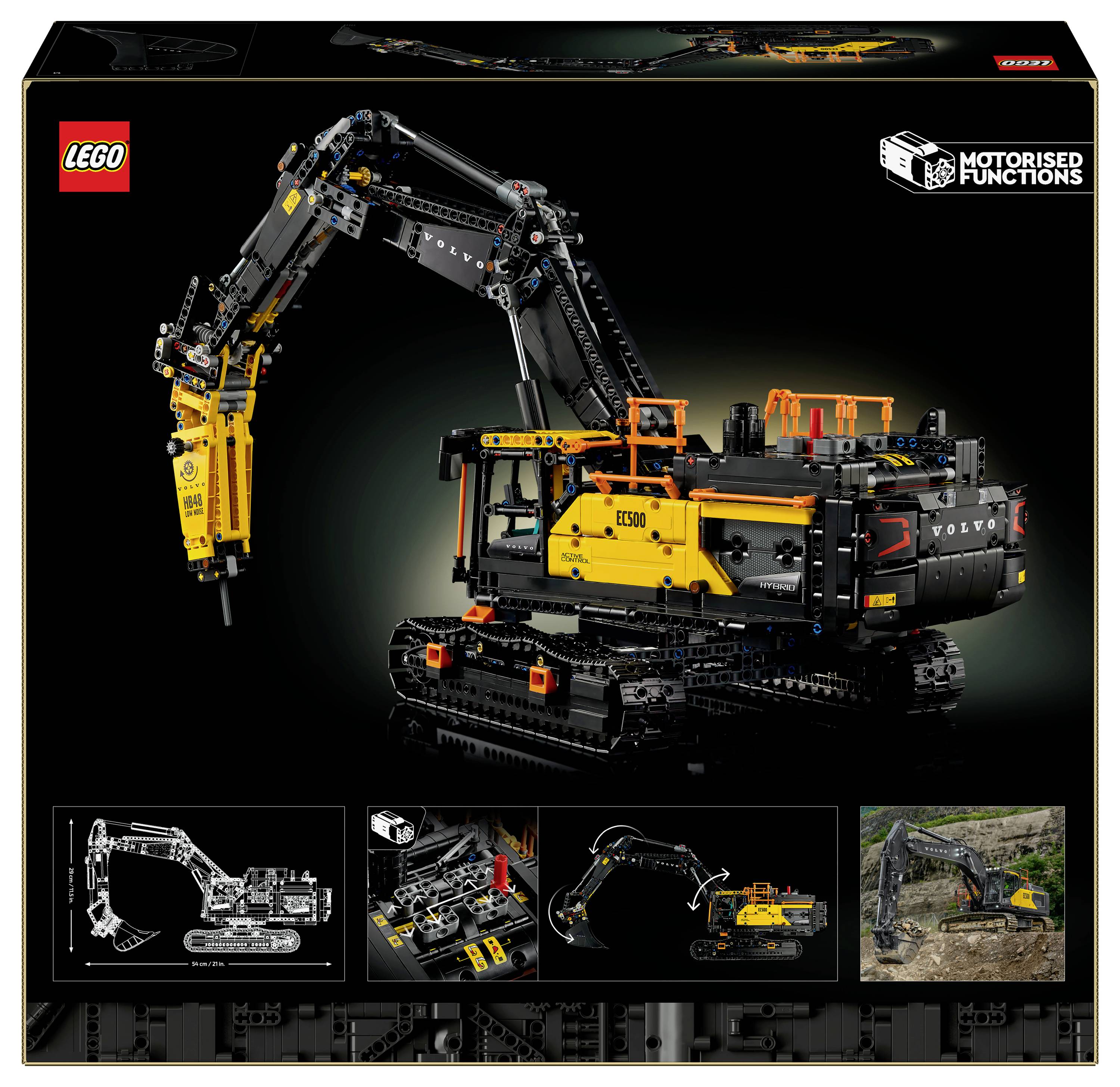 L'image présente un ensemble LEGO Technic d'une pelleteuse de construction Volvo motorisée, avec des fonctions réalistes, une liste de pièces et la marque Volvo.
