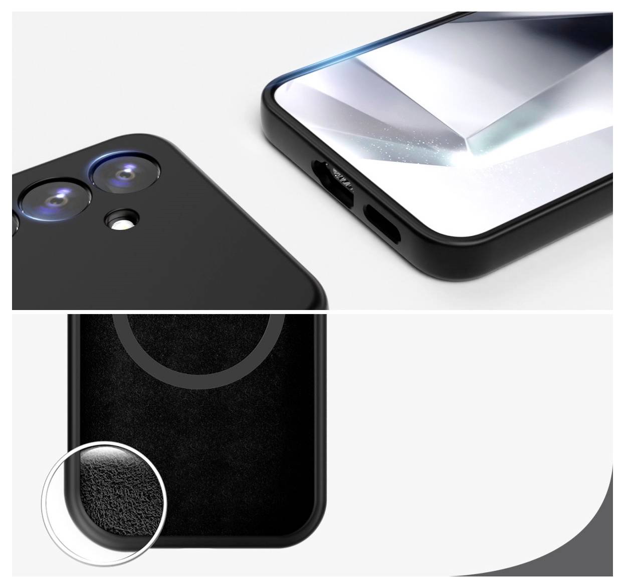 Gros plan d'une coque de smartphone noir avec des découpes pour l'appareil photo et une texture intérieure douce. La moitié supérieure montre les bords rigides.