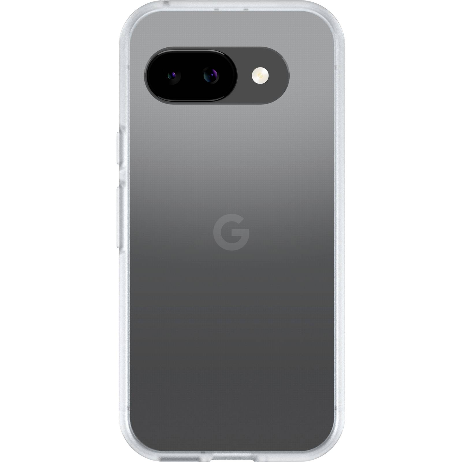 Dos de smartphone gris-argent avec un double objectif photo en haut à gauche et un flash LED à côté, logo G central en bas.