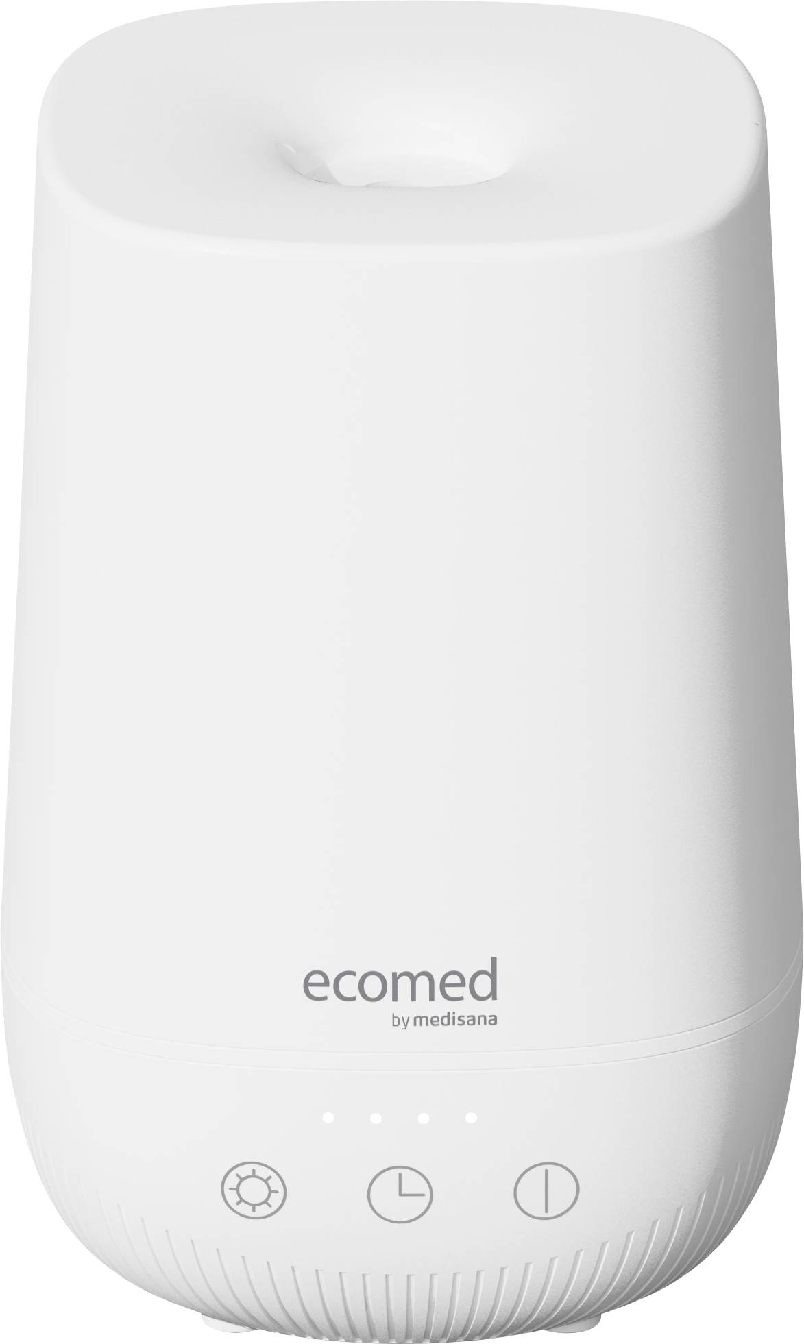 Un humidificateur blanc avec le logo 'ecomed by medisana'. Touches en bas : lumière, modes de fonctionnement, et marche/arrêt.