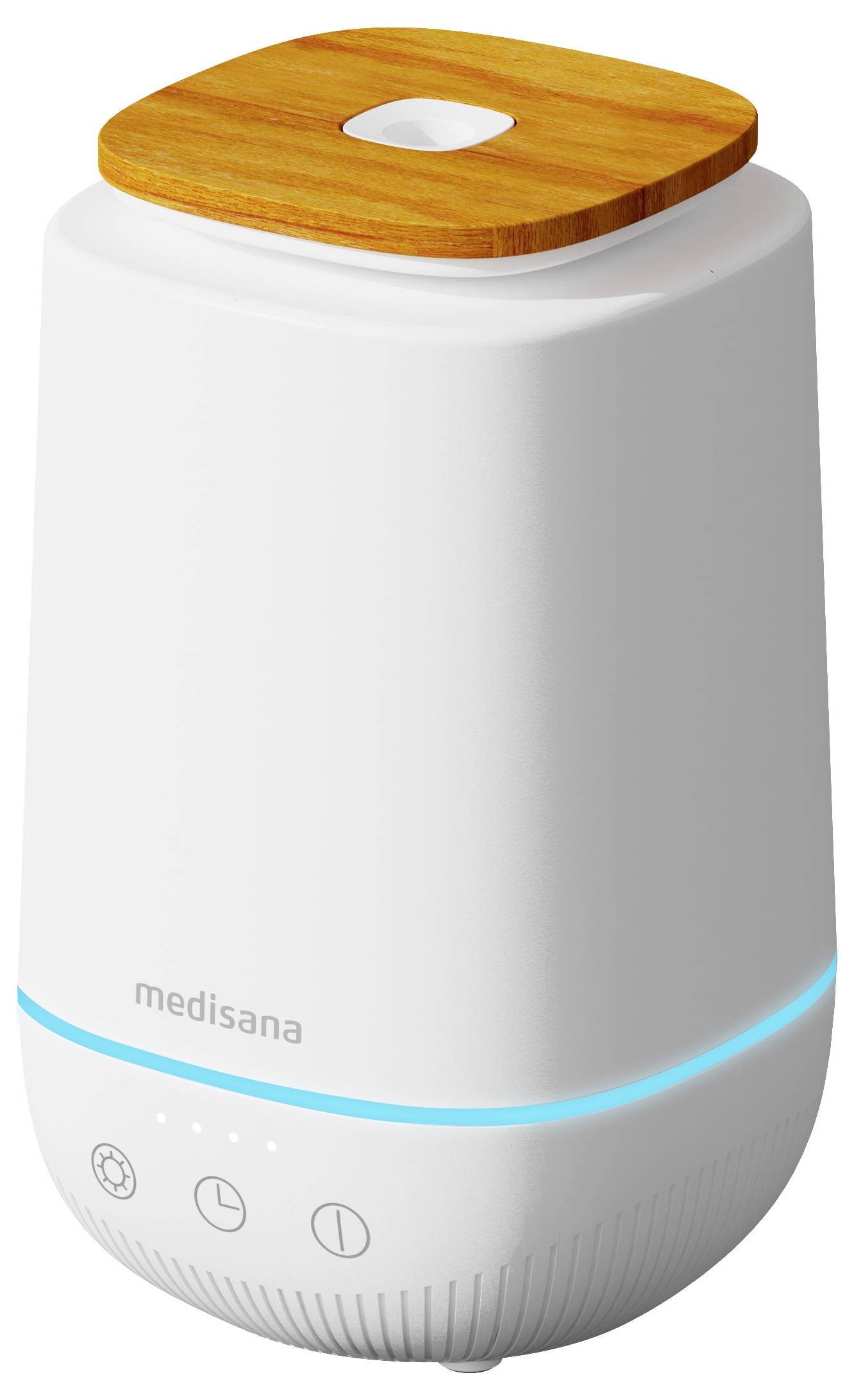 Un humidificateur blanc avec une surface en bois et un affichage lumineux bleu. Trois boutons de commande sont visibles.
