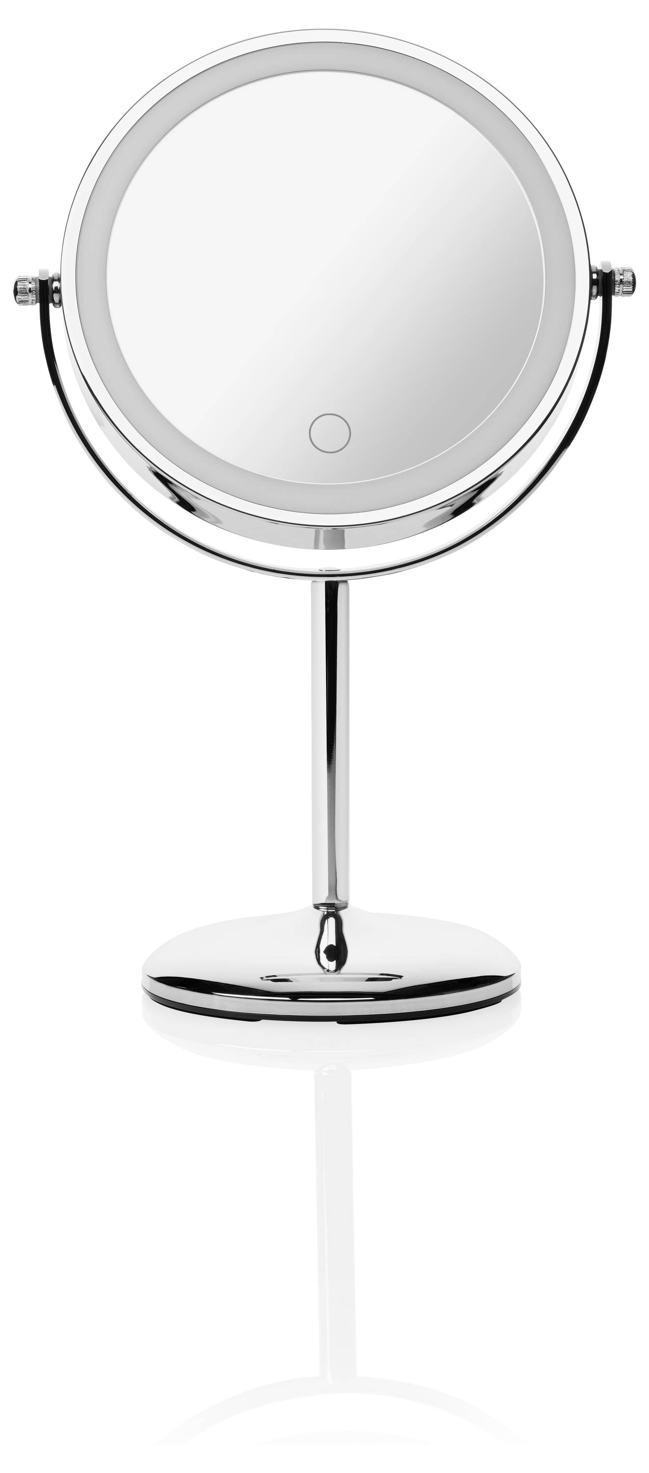 Miroir de maquillage rond avec support chromé, montrant le devant avec une petite touche permettant d'activer l'éclairage LED.