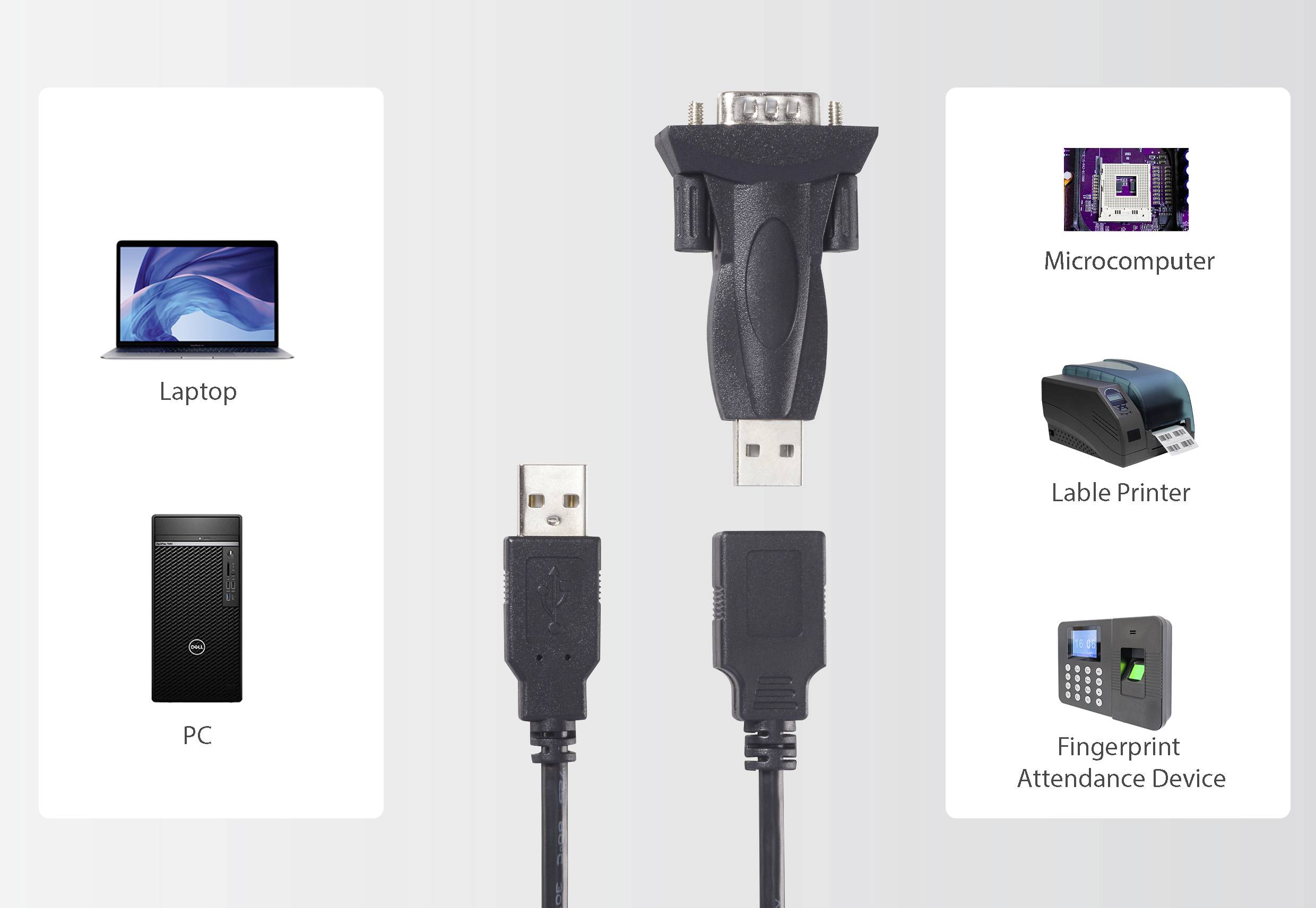 Un câble adaptateur USB vers VGA est illustré, connectant divers appareils, notamment un ordinateur portable, un PC, un micro-ordinateur, une imprimante d'étiquettes et un dispositif de pointage par empreinte digitale.