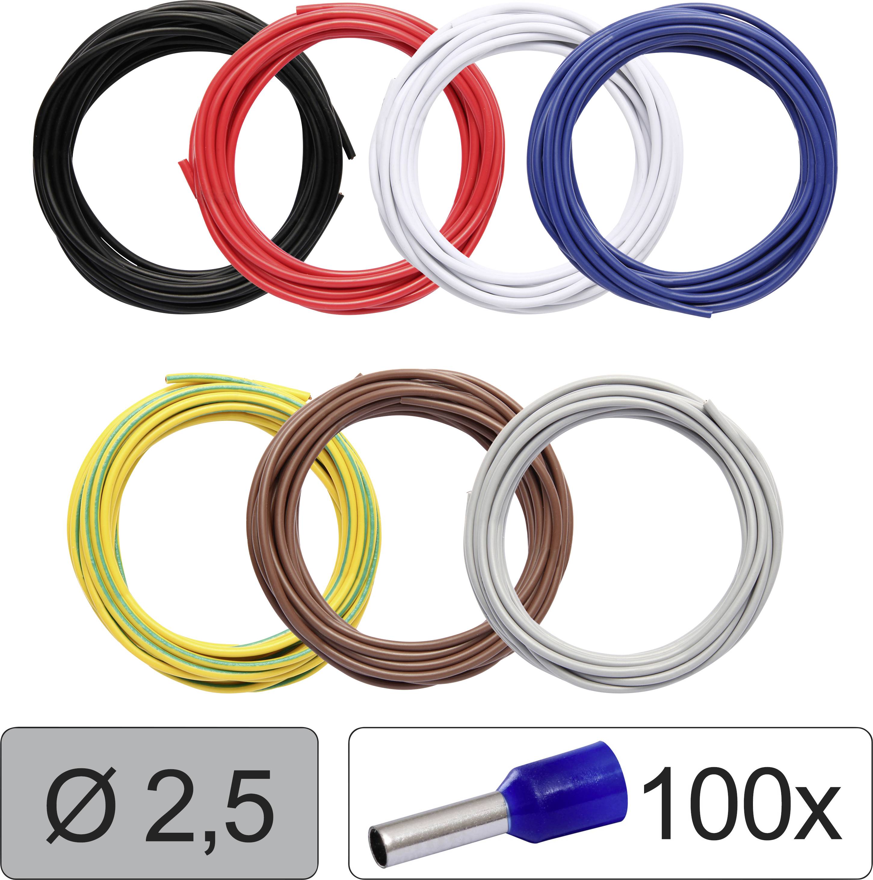 Sept bagues de câble de différentes couleurs et un paquet de 100 embouts de câble bleus, diamètre 2,5 mm.