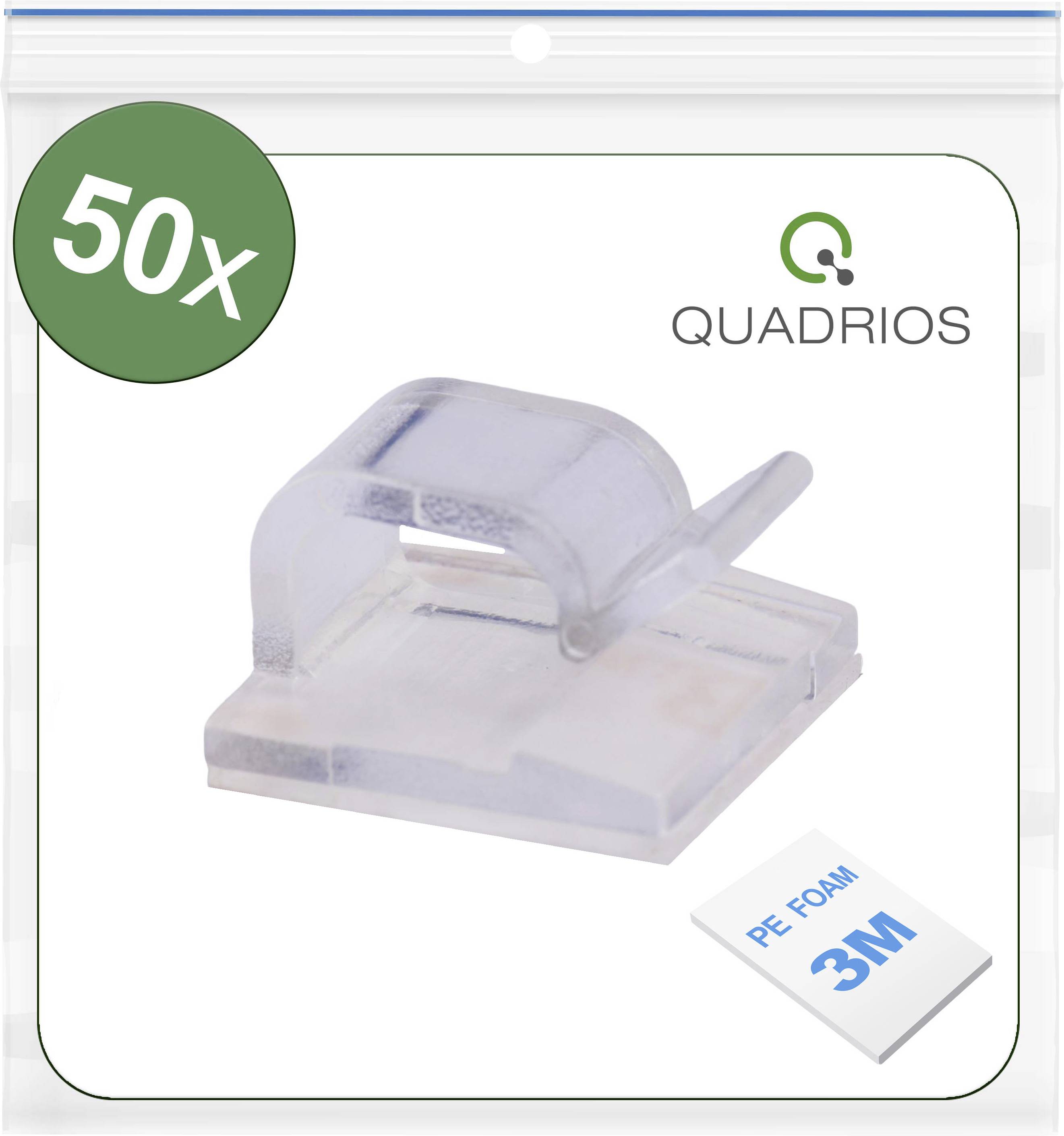 Sachet transparent Klarsicht contenant 50 clips de câble transparents de Quadrios, incluant un tampon adhésif en mousse PE 3M, idéal pour la fixation des câbles.