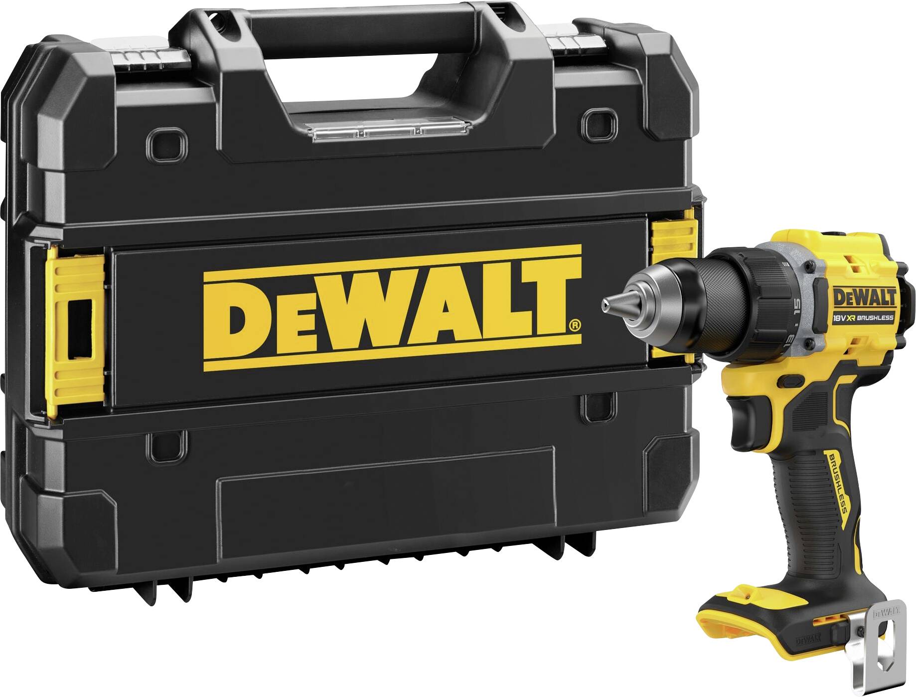 Un tournevis à chocs sans fil DeWalt jaune avec une poignée noire est posé à côté d'un coffret à outils noir DeWalt.