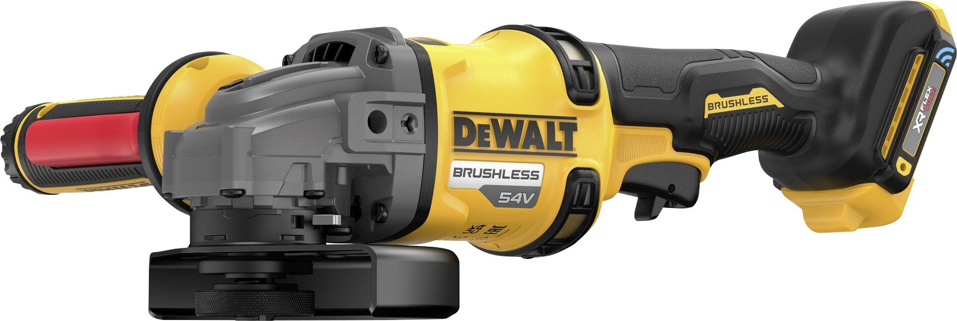 Un meuleuse d'angle sans fil DeWalt jaune et noir, vue latérale, avec une poignée rouge et une capacité de batterie de 54V.