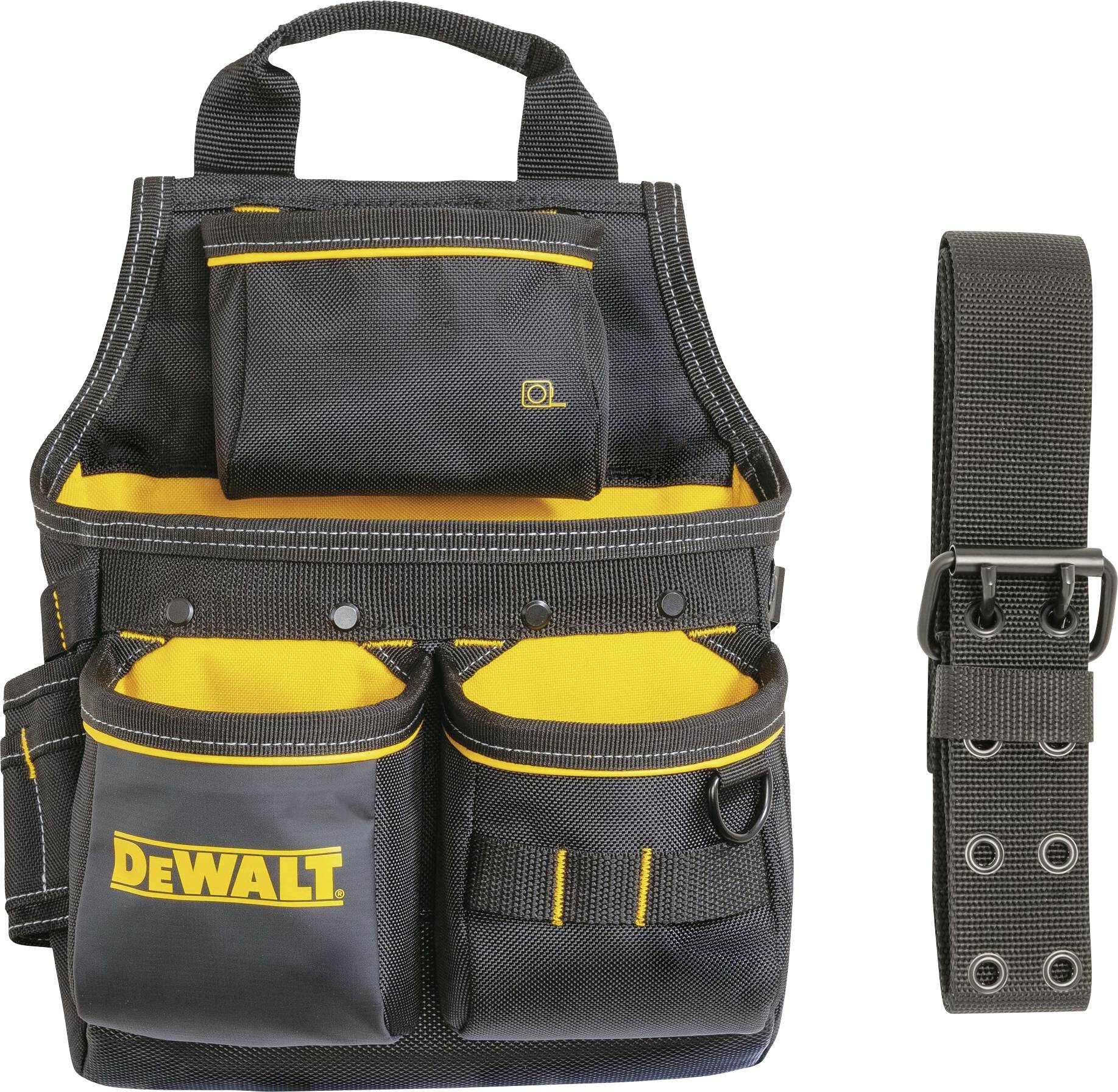 Ceinture à outils avec plusieurs poches en noir et jaune, logo de marque 'Dewalt' visible. Ceinture en matériau noir avec boucle en métal.