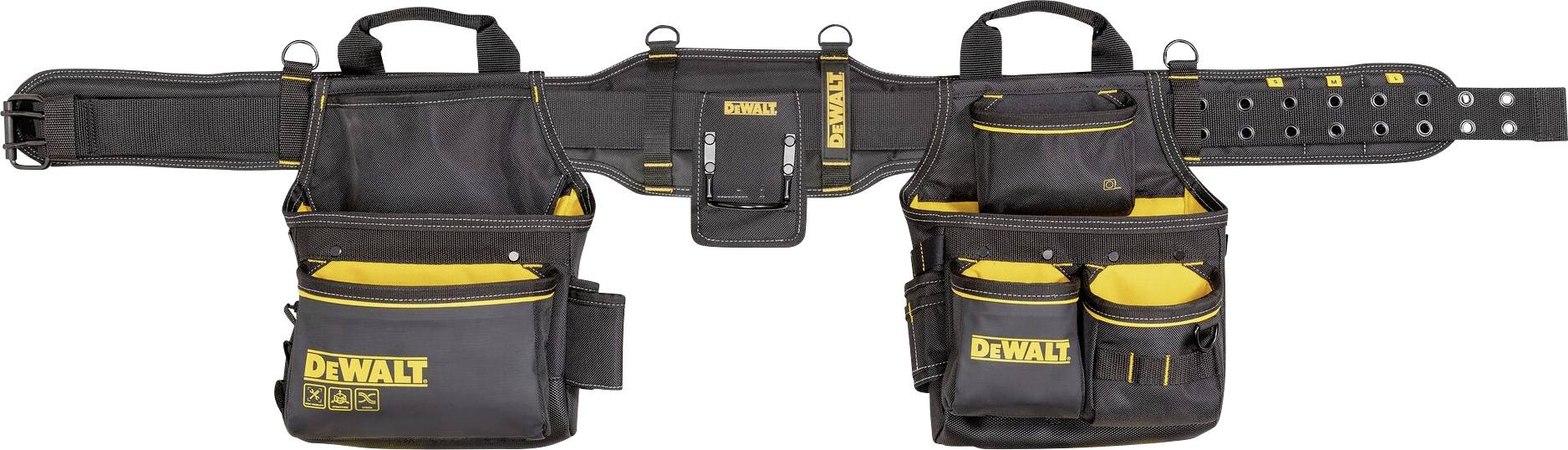 Ceinture à outils DeWalt avec plusieurs poches et compartiments, en noir avec des détails jaunes, fabriquée dans un matériau robuste et résistant.