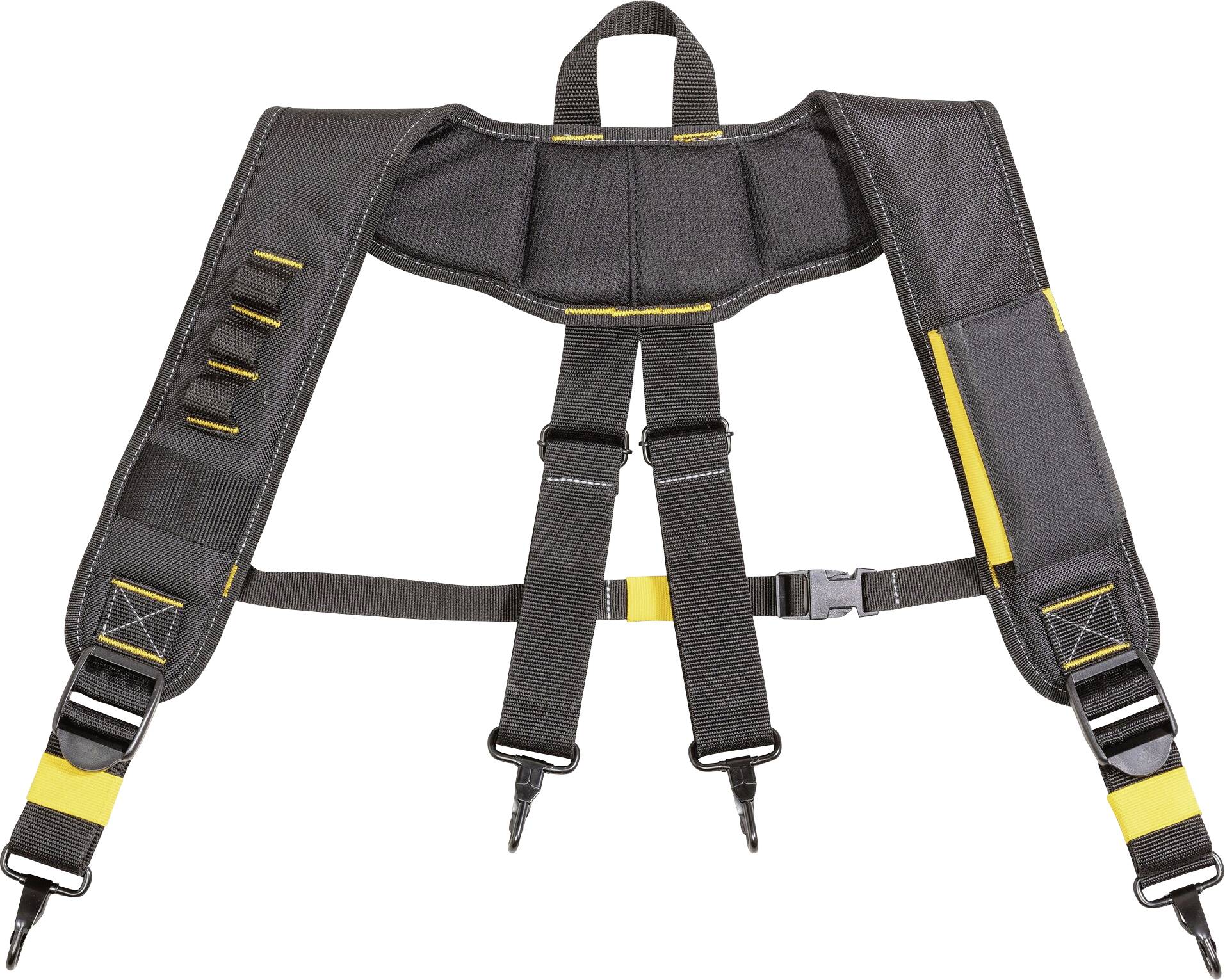 Système de sangles noir, accentué de jaune, rembourré, avec des boucles réglables et des crochets, probablement destiné à porter des outils.