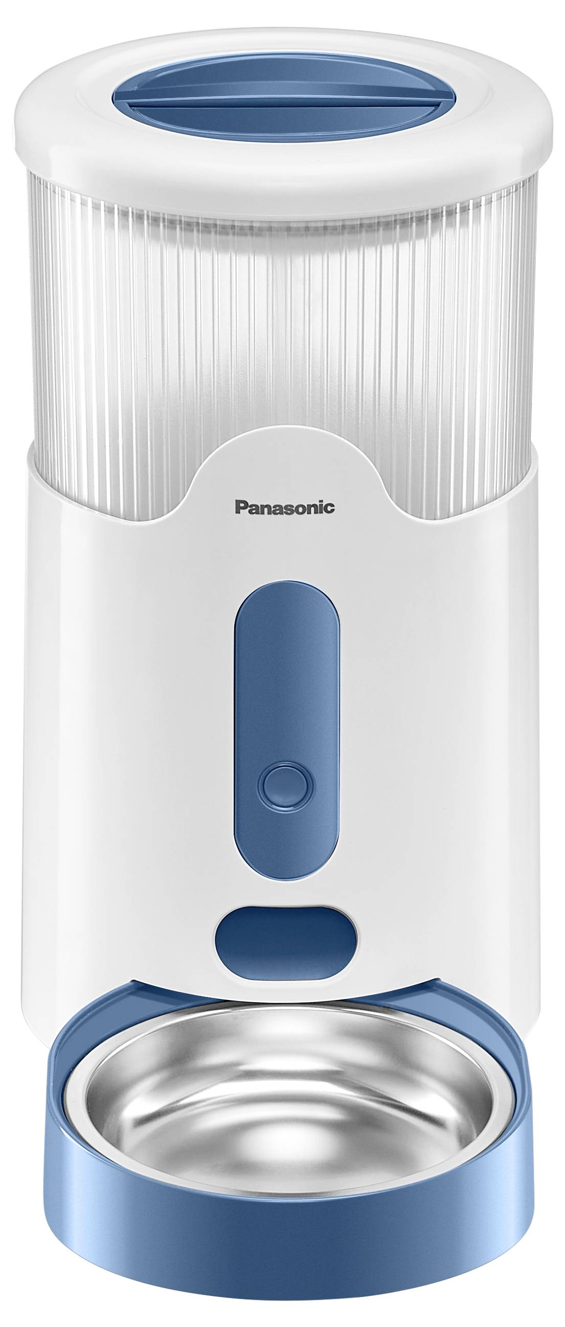 Distributeur automatique blanc et bleu avec un bol en acier inoxydable à la base. Nom de marque 'Panasonic' sur la face avant.