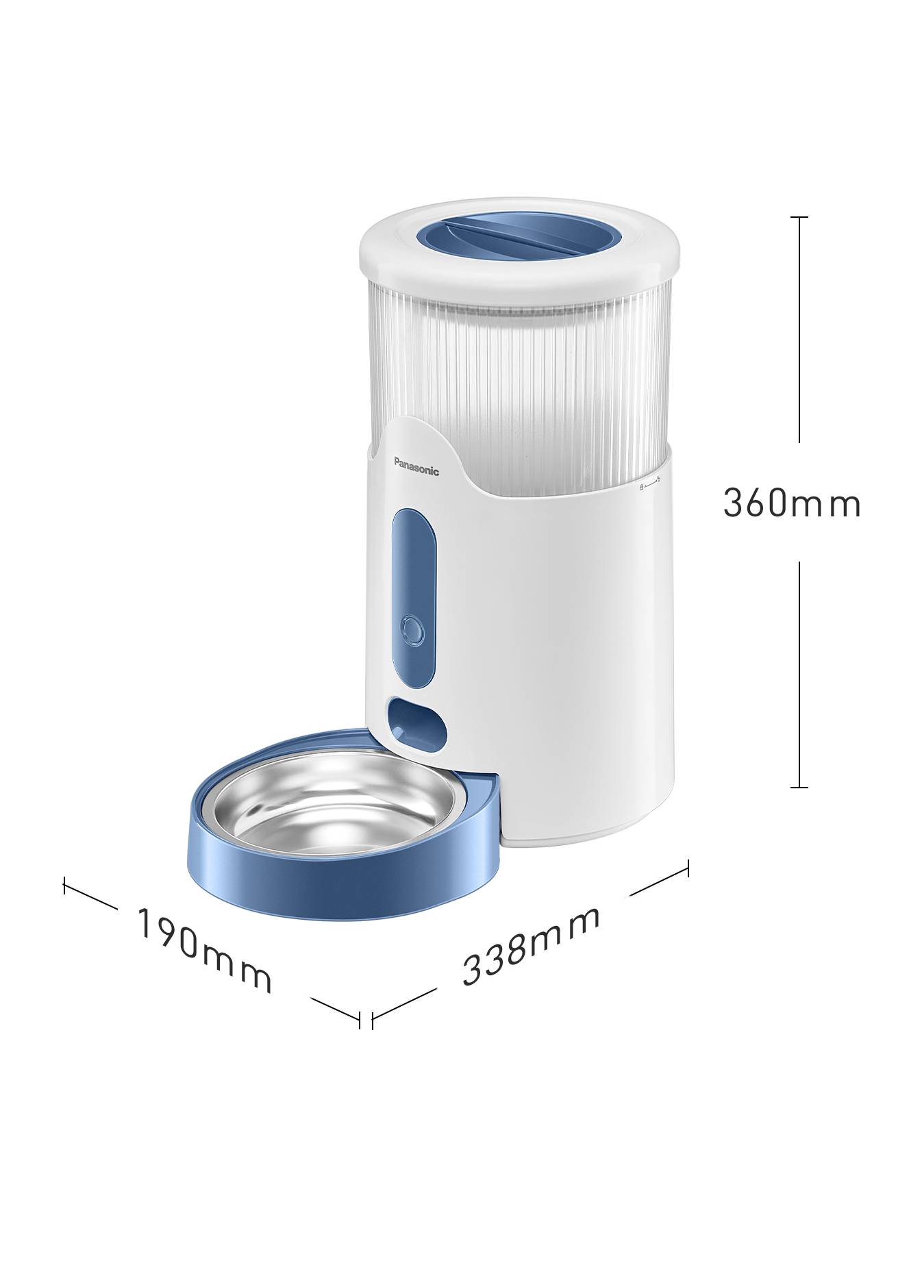 Purificateur d'air avec filtre cylindrique et socle amovible. Dimensions : hauteur 360 mm, largeur 338 mm, profondeur 190 mm.