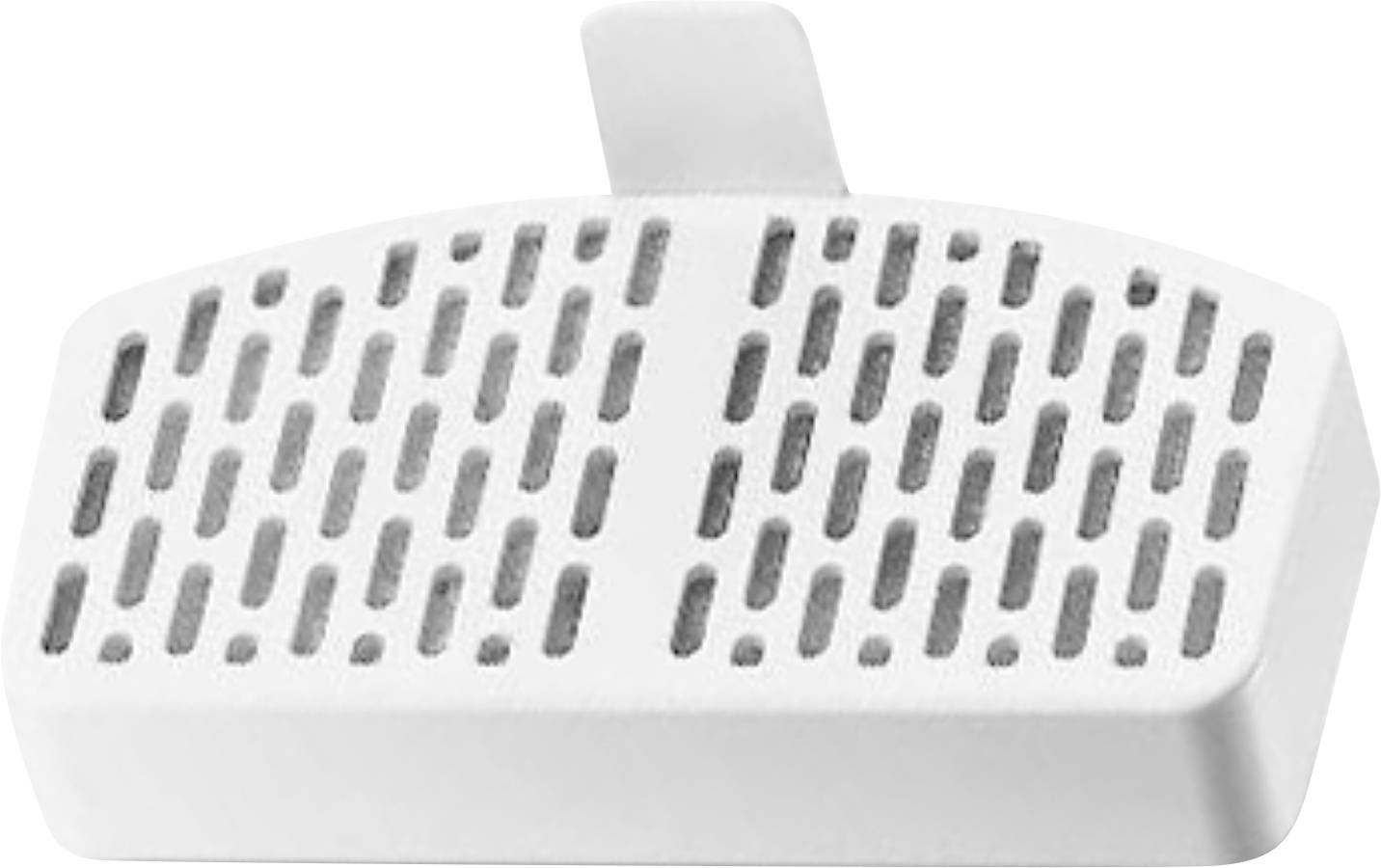 Grille de ventilation rectangulaire blanche en plastique avec des fentes uniformément réparties et une poignée sur le dessus.