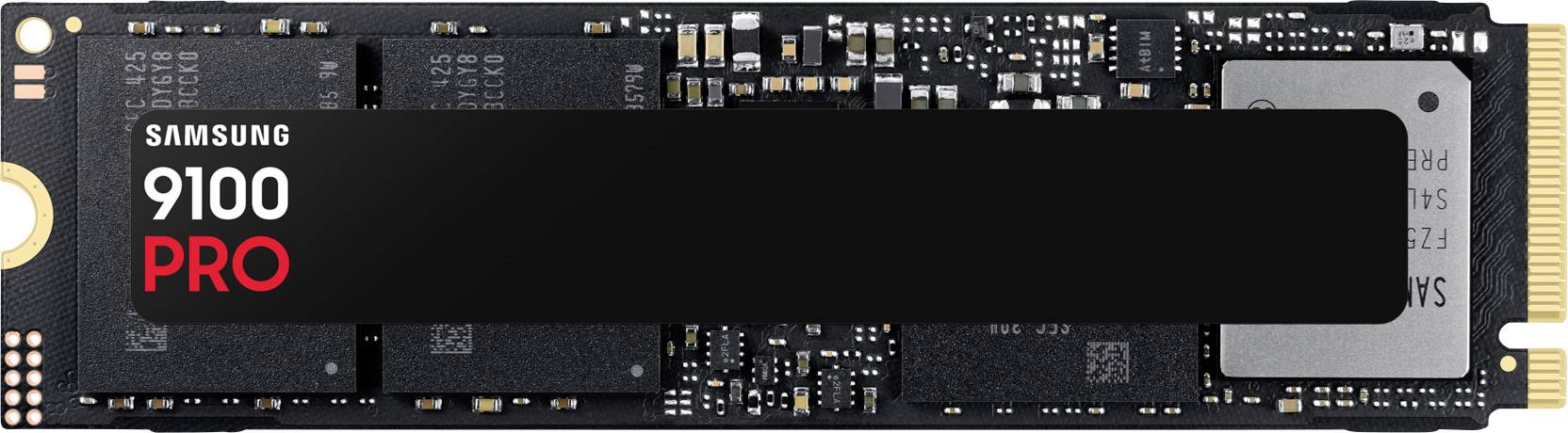 Image d'un SSD Samsung 9100 PRO, une solution de stockage rapide pour ordinateurs, avec un boîtier noir et des contacts dorés.