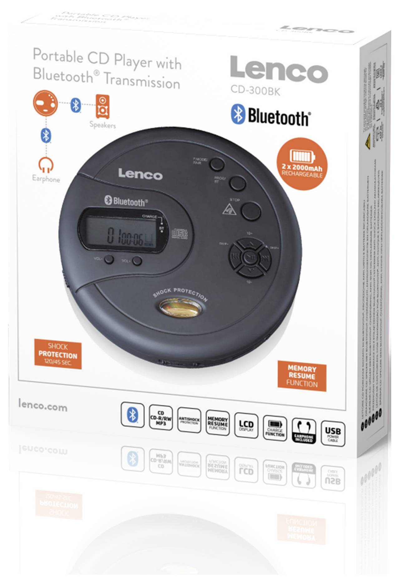 Lecteur CD portable Lenco CD-300BK - Tragbarer Bluetooth® CD-MP3-Player mit Anti-Shock