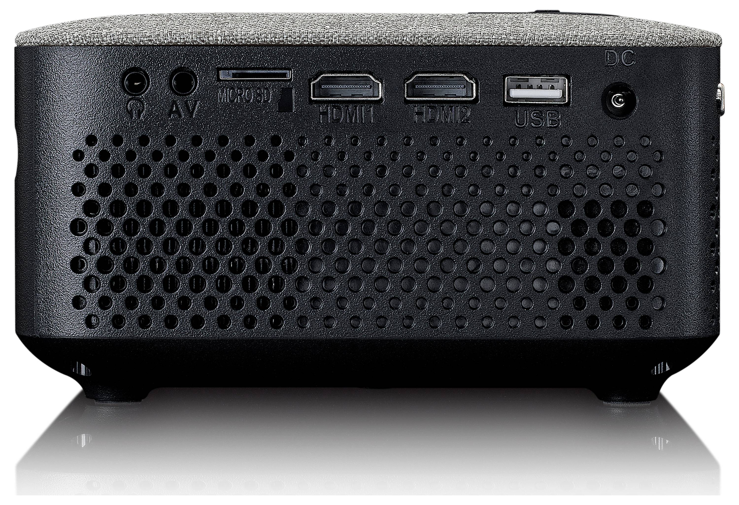 Projecteur compact vu de l'arrière avec connexions : AV, Micro SD, HDMI, HDMI ARC, USB et port d'alimentation DC.