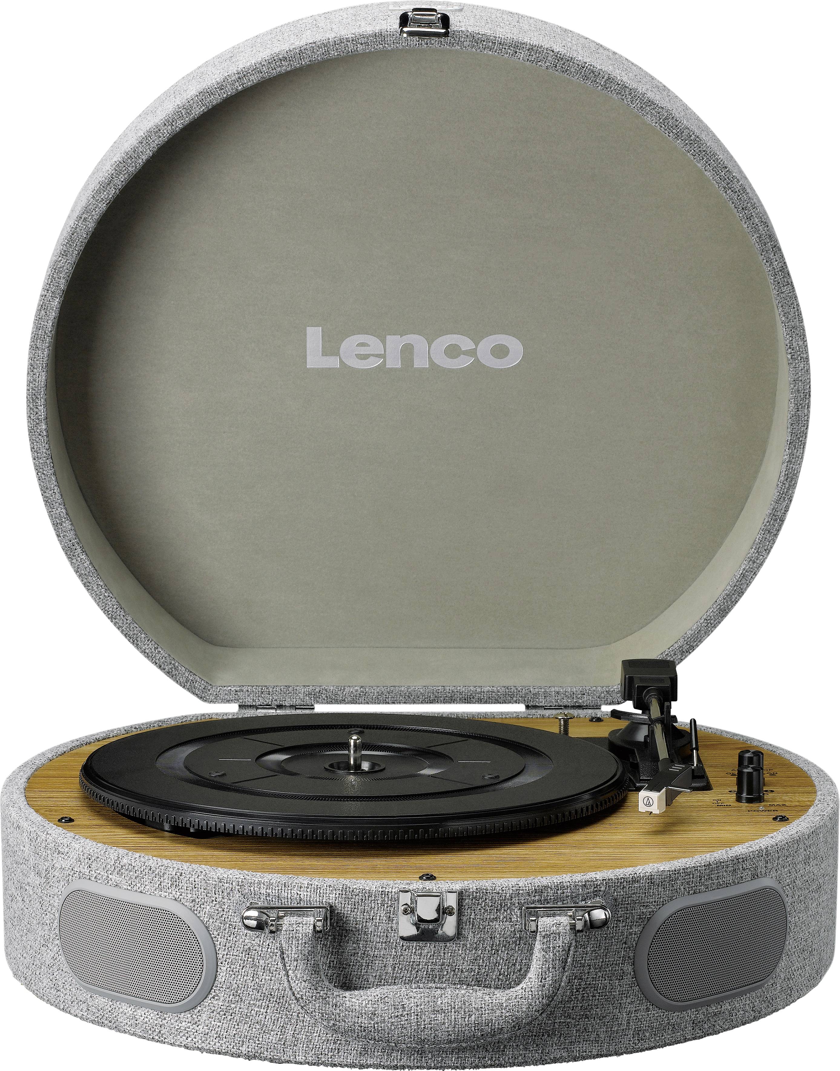 Tourne-disque rond avec boîtier gris et couvercle intégré. Marque : Lenco. Style vintage avec enceintes modernes.